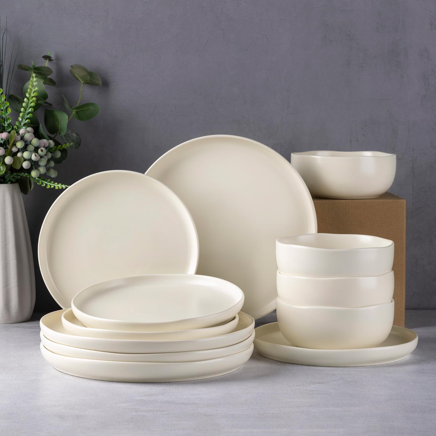 AmorArc Ceramic Dinnerware Sets, Wavy Rim Stoneware Plates and Bowls Sets, Highly Chip and Crack Resistant | Dishwasher & Microwave & Oven Safe Dishes set, Service for 4 (12pc)