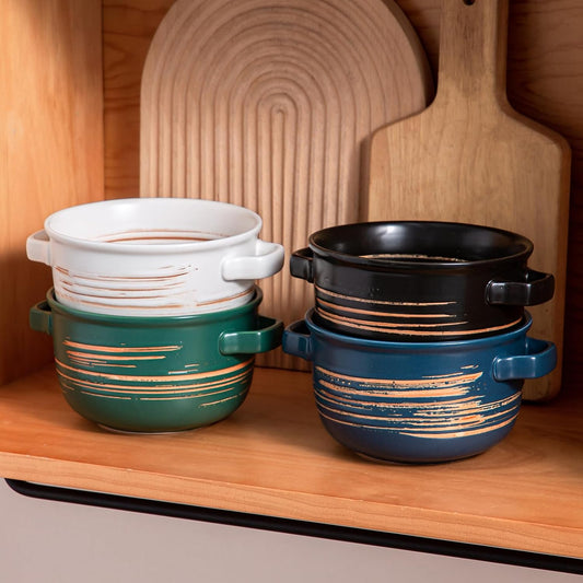 YUN TAO French Onion Soup Bowls with Handles, Ceramic Soup Serving Bowl Crocks 32 Ounces for Cereal,Ramen,Chilli, Beef Stew, Pot Pies, Oven Safe, Set of 4