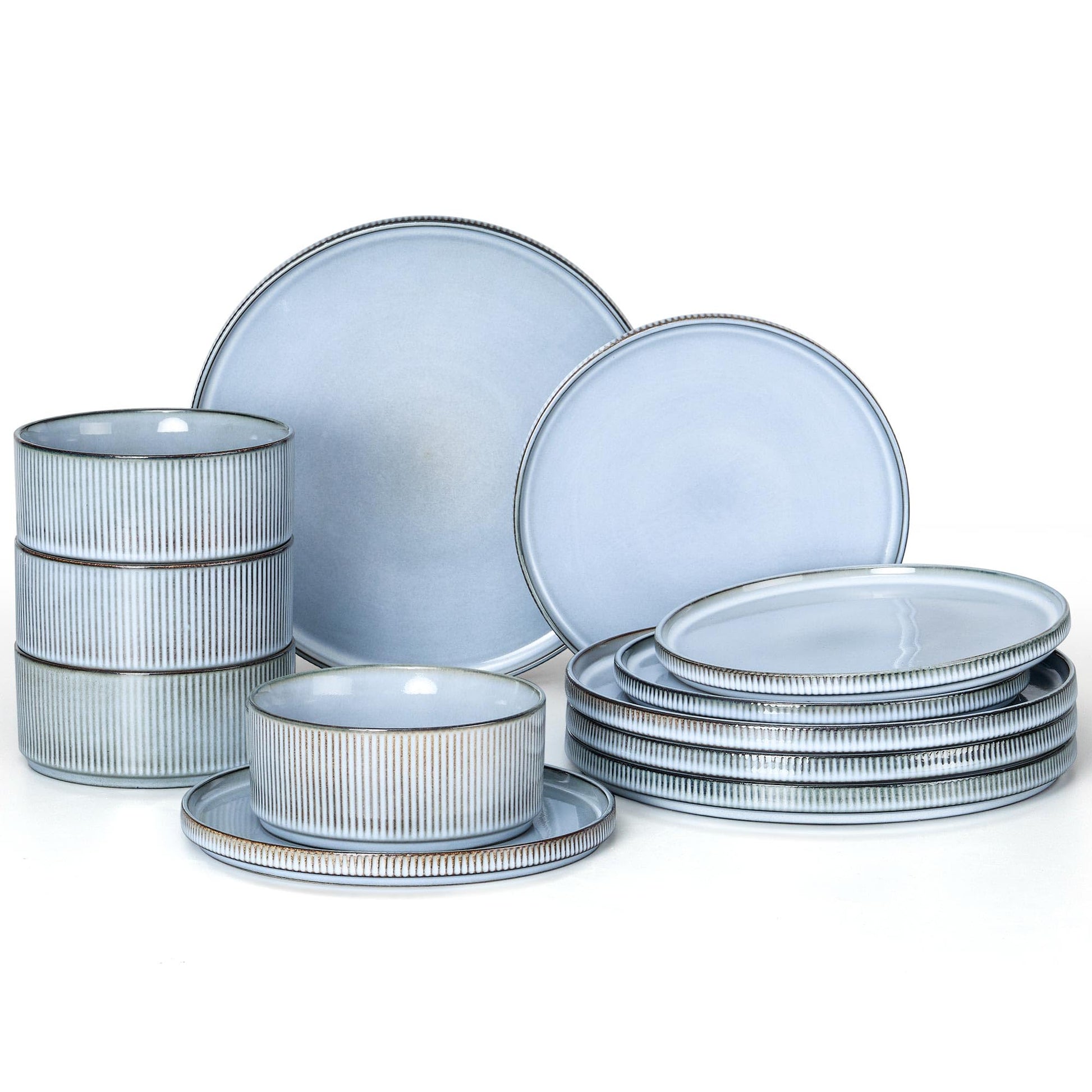 E-far 12-Piece Plates and Bowls Sets, Stoneware Dinnerware Dishes Sets for 4, Kitchen Modern Dining Dishware, Chip & Scratch Resistant, Microwave & Dishwasher Safe, Creamy Beige