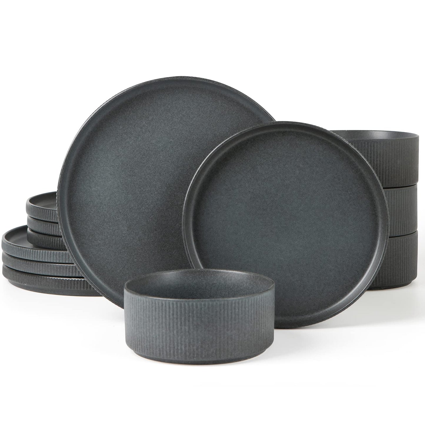 Famiware Star Dinnerware Sets, Plates and Bowls Set for 4, 12 Pieces Ribbed Dishes - Chip and Scratch Resistant, Microwave and Dishwasher Safe Tableware, Smoky Blue