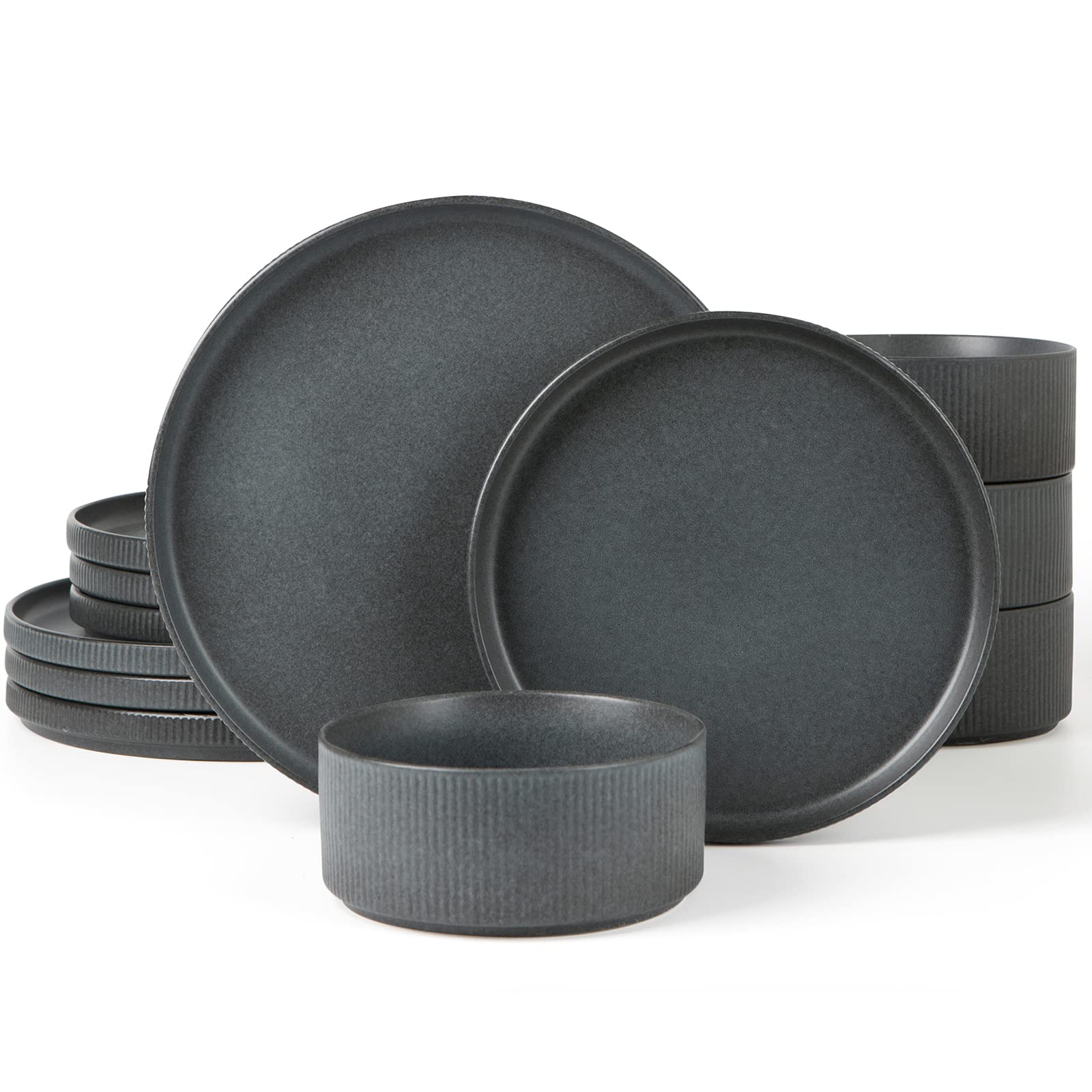 Famiware Star Dinnerware Sets, Plates and Bowls Set for 4, 12 Pieces Ribbed Dishes - Chip and Scratch Resistant, Microwave and Dishwasher Safe Tableware, Smoky Blue
