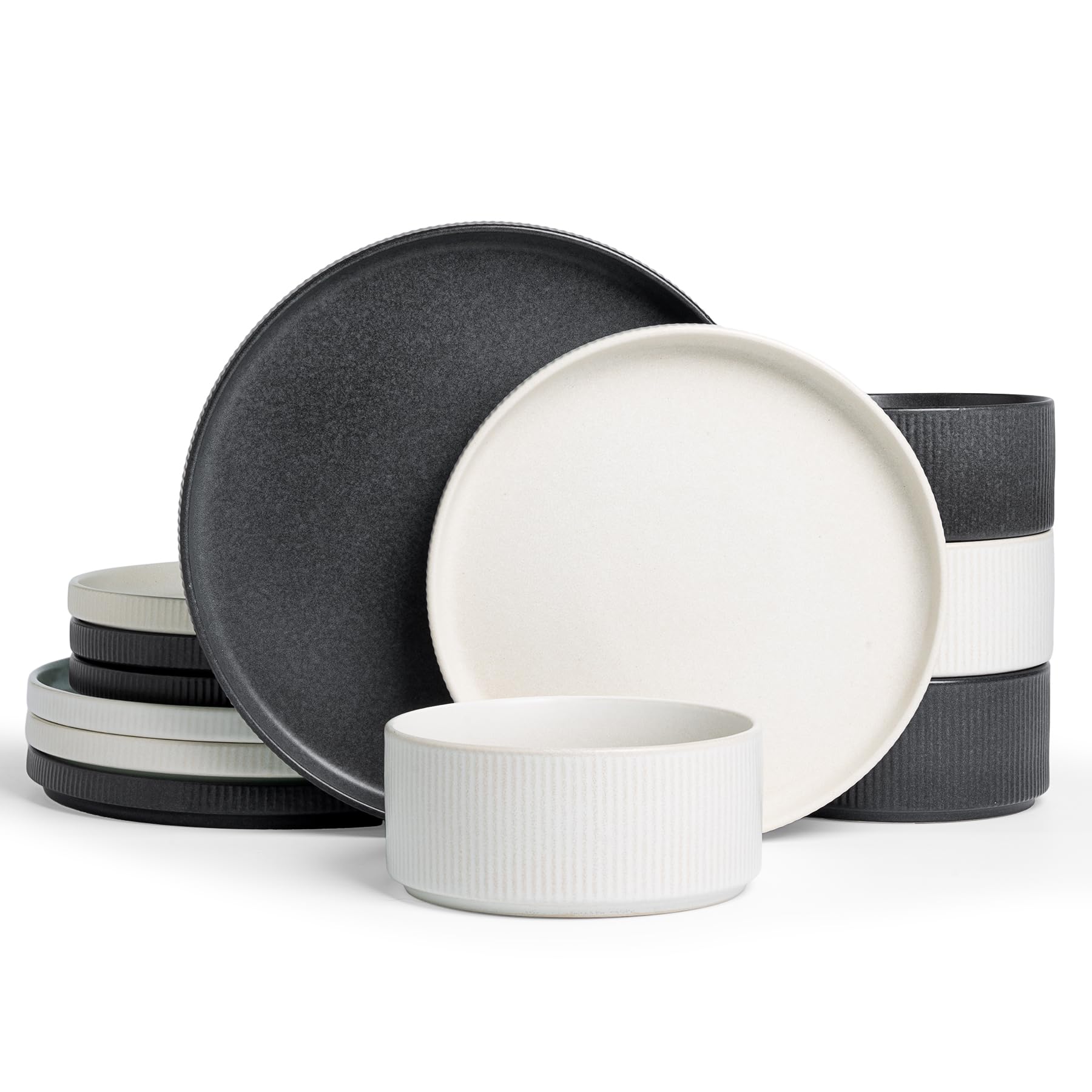 Famiware Star Dinnerware Sets, Plates and Bowls Set for 4, 12 Pieces Ribbed Dishes - Chip and Scratch Resistant, Microwave and Dishwasher Safe Tableware, Smoky Blue