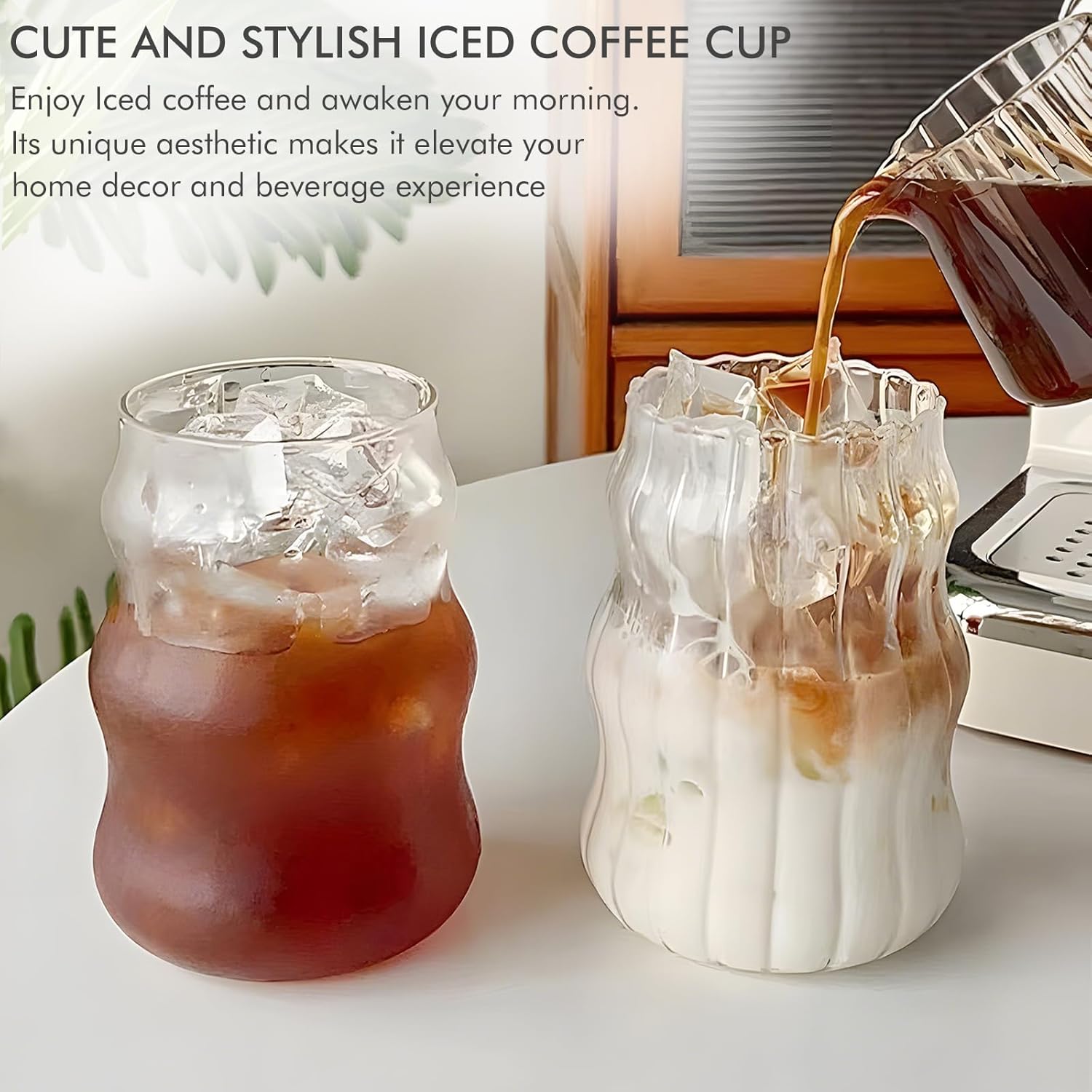 Ribbed Glass Cups Set of 4: 18OZ Vintage Aesthetic Iced Coffee Glasses with Straws, Cute Drinking Glasses with Wave Shape Design, Matcha Glass Cup Bubble Cups for Juice, Tea, Beverage, Gift