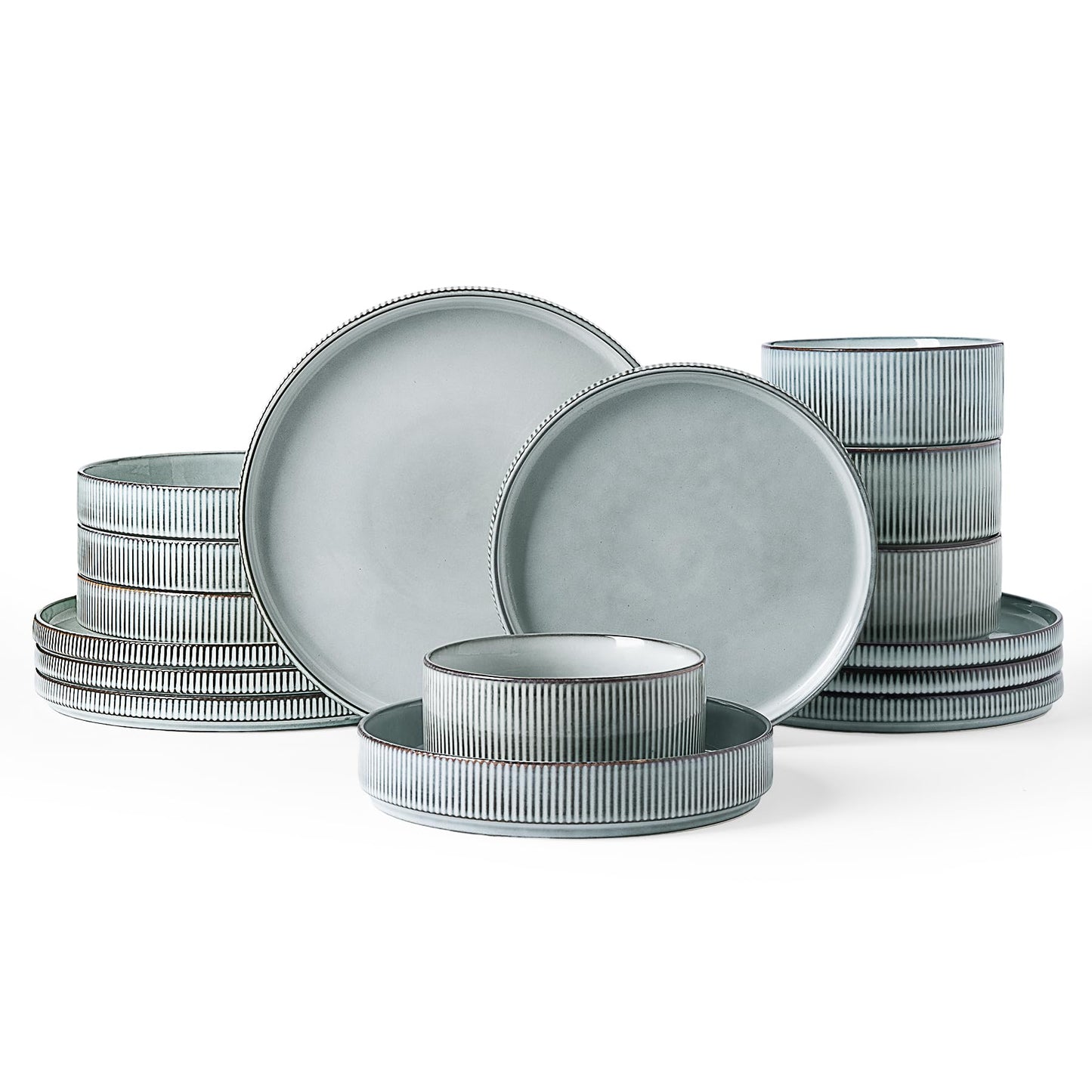 Famiware Star Dinnerware Sets, Plates and Bowls Set for 4, 12 Pieces Ribbed Dishes - Chip and Scratch Resistant, Microwave and Dishwasher Safe Tableware, Smoky Blue