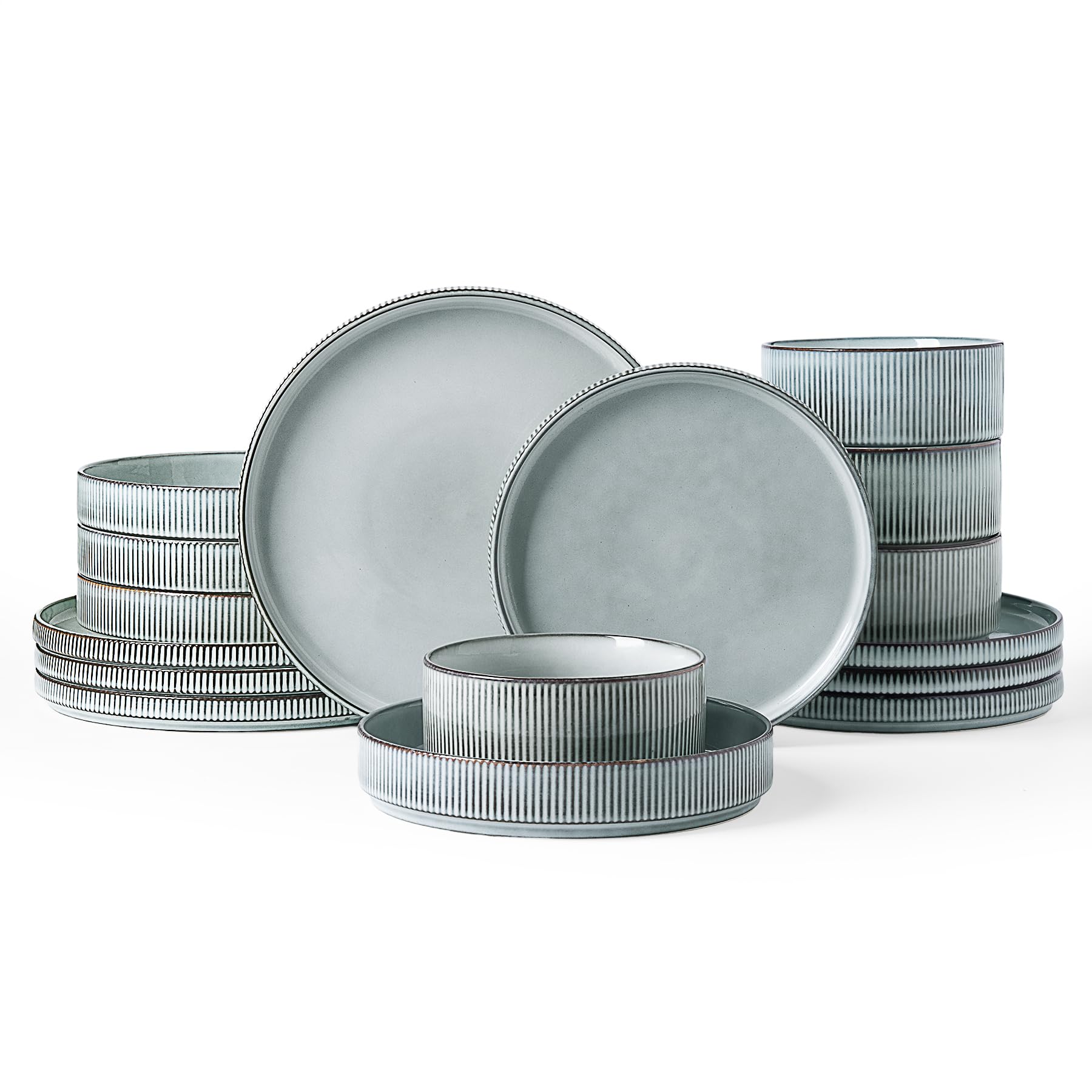Famiware Star Dinnerware Sets, Plates and Bowls Set for 4, 12 Pieces Ribbed Dishes - Chip and Scratch Resistant, Microwave and Dishwasher Safe Tableware, Smoky Blue