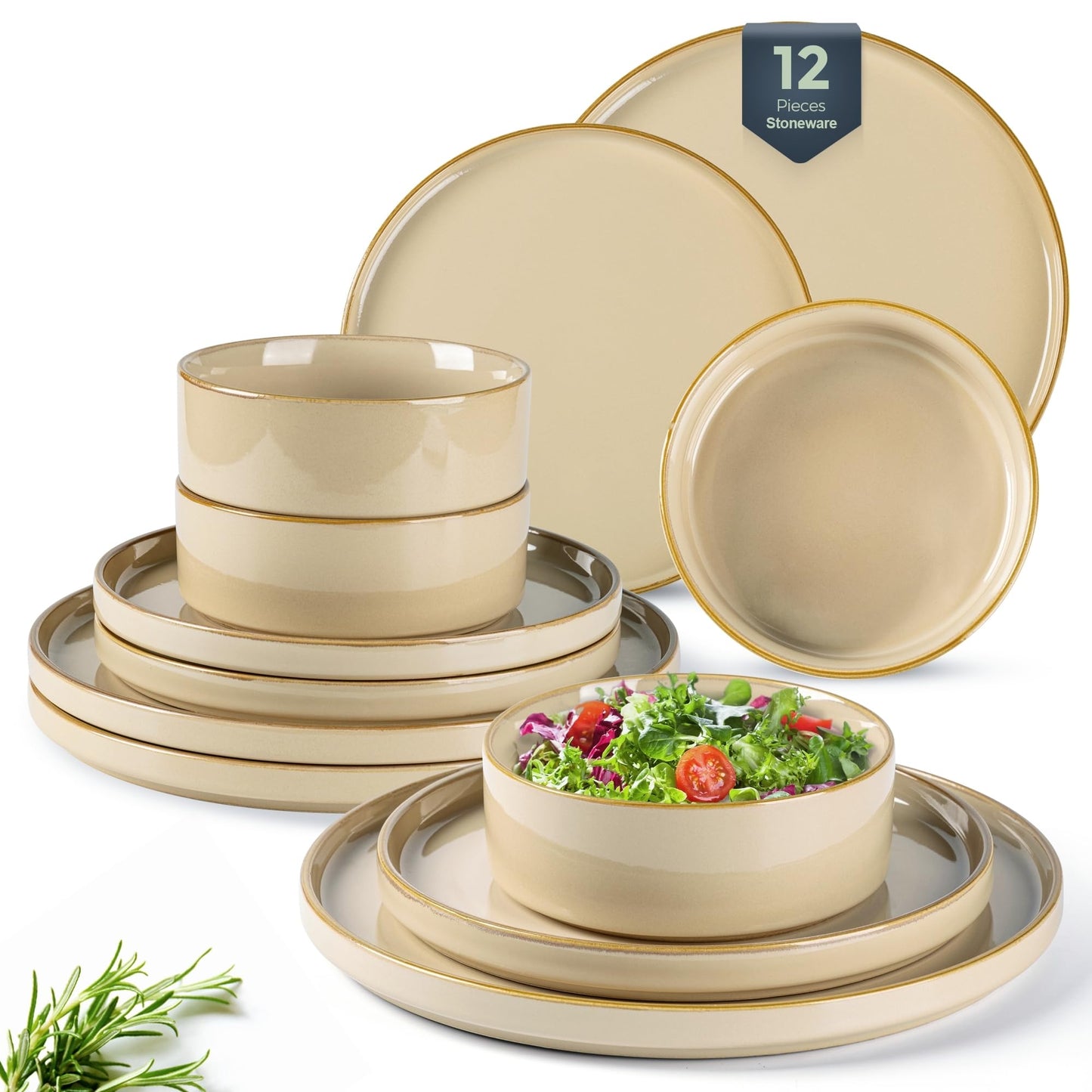 GBHOME Ceramic Dinnerware Sets for 4, 12 Pieces Stoneware Plates and Bowls Sets, Reactive Glaze Dishes -Scratch Resistant, Dishwasher&Microwave Safe