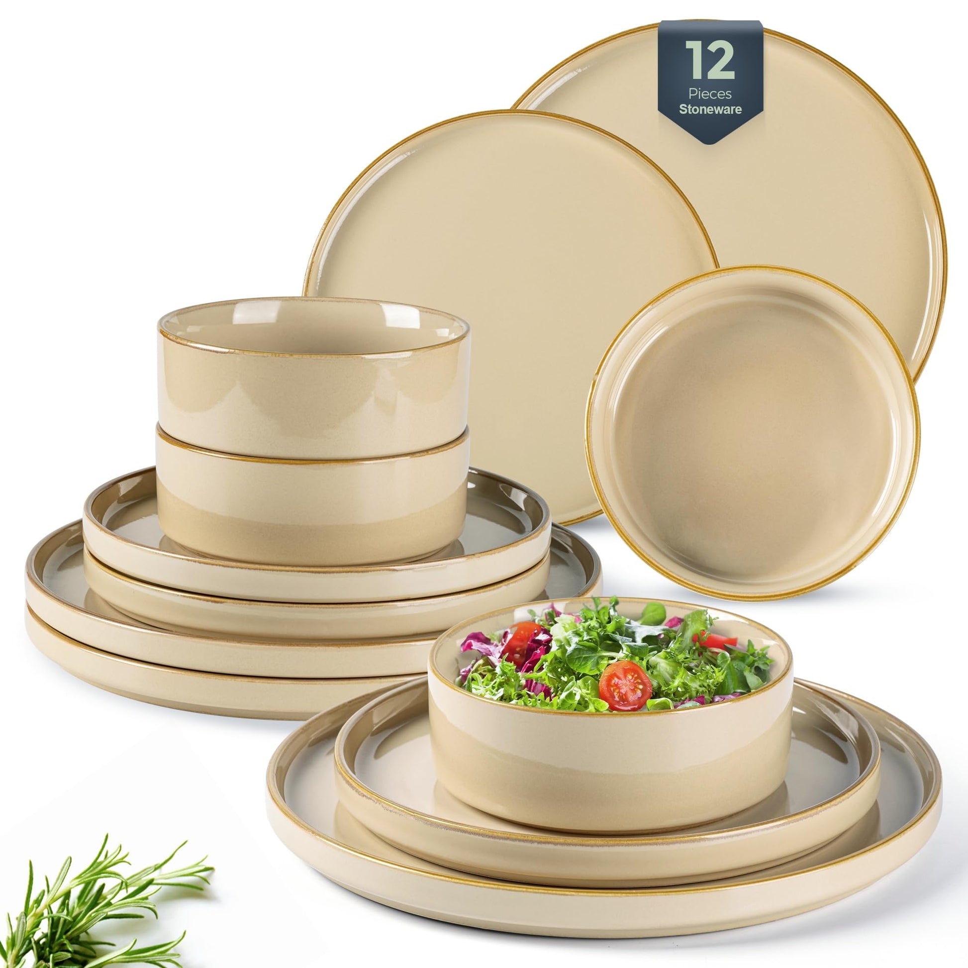 GBHOME Ceramic Dinnerware Sets for 4, 12 Pieces Stoneware Plates and Bowls Sets, Reactive Glaze Dishes -Scratch Resistant, Dishwasher&Microwave Safe