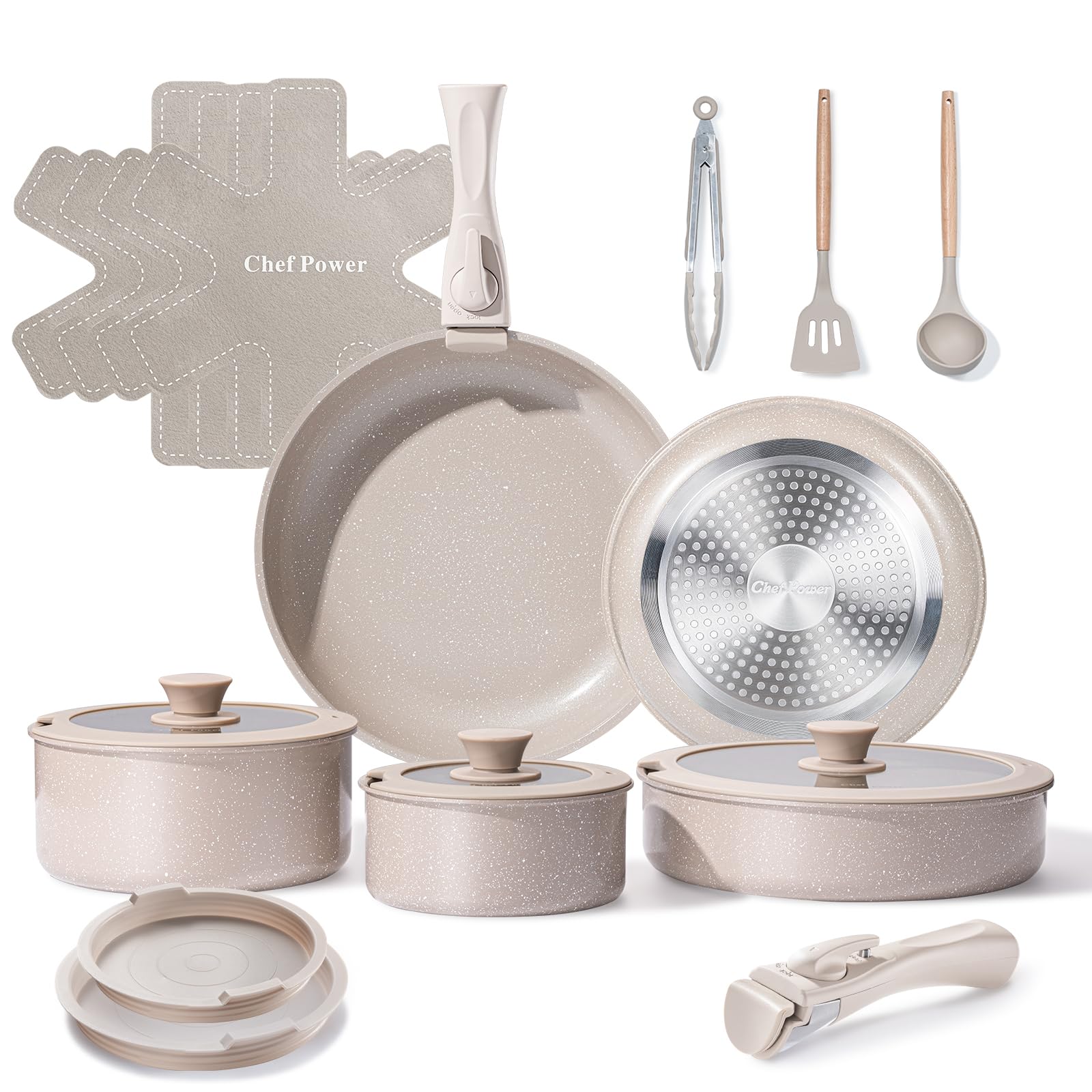 Chef Power Ceramic Cookware Set Non Toxic with Detachable Handles, Healthy Nonstick Pans and Pots Set 19 Pcs, Induction Dishwasher Oven Safe Kitchen Set, PFAS PFOA & PTFE Free, Cream White