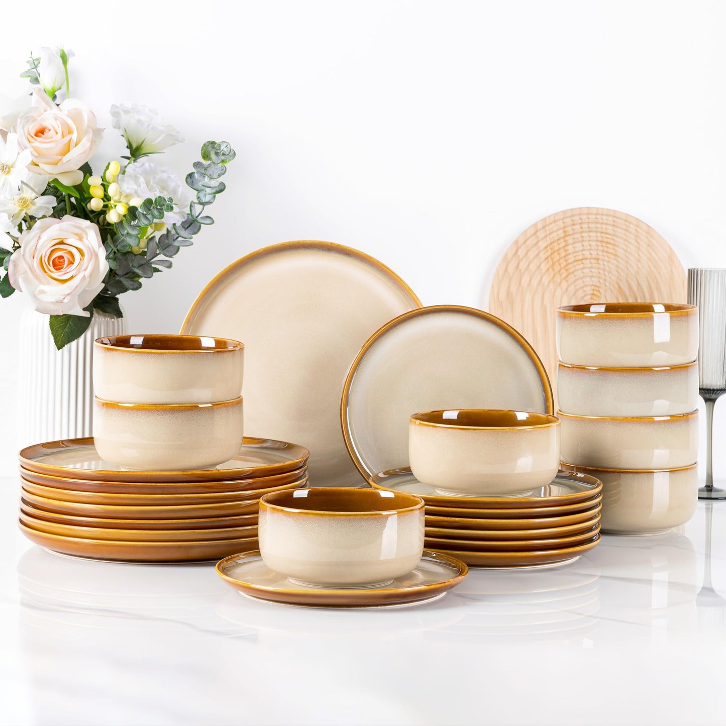 LeRatio Ceramic Dinnerware Sets for 4,12-Piece Plates and Bowls,Handmade Reactive Glaze Dishes Set,Chip Resistant and Scratch Resistant | Oven Dishwasher & Microwave Safe,Service for 4-Kahki