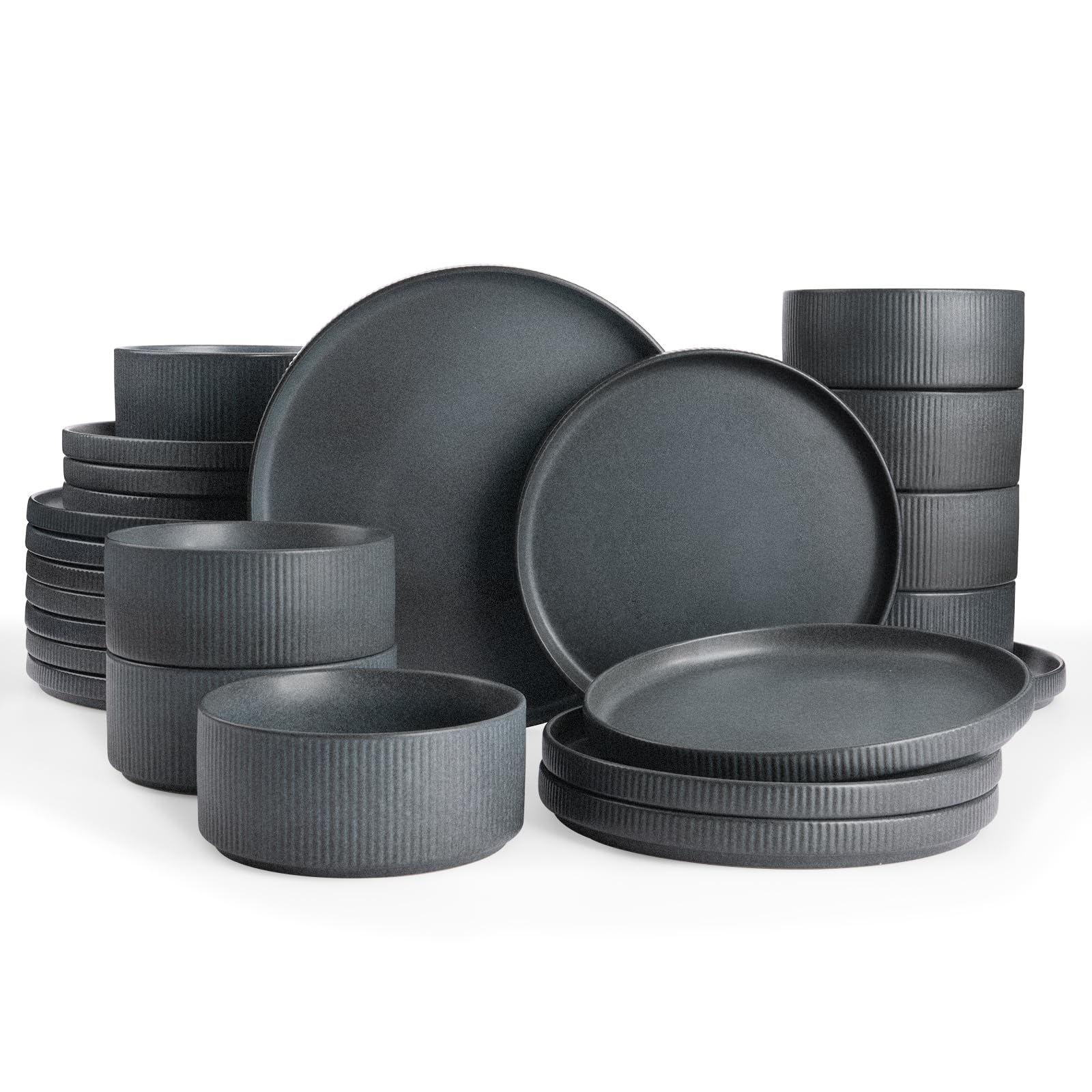 Famiware Star Dinnerware Sets, Plates and Bowls Set for 4, 12 Pieces Ribbed Dishes - Chip and Scratch Resistant, Microwave and Dishwasher Safe Tableware, Smoky Blue