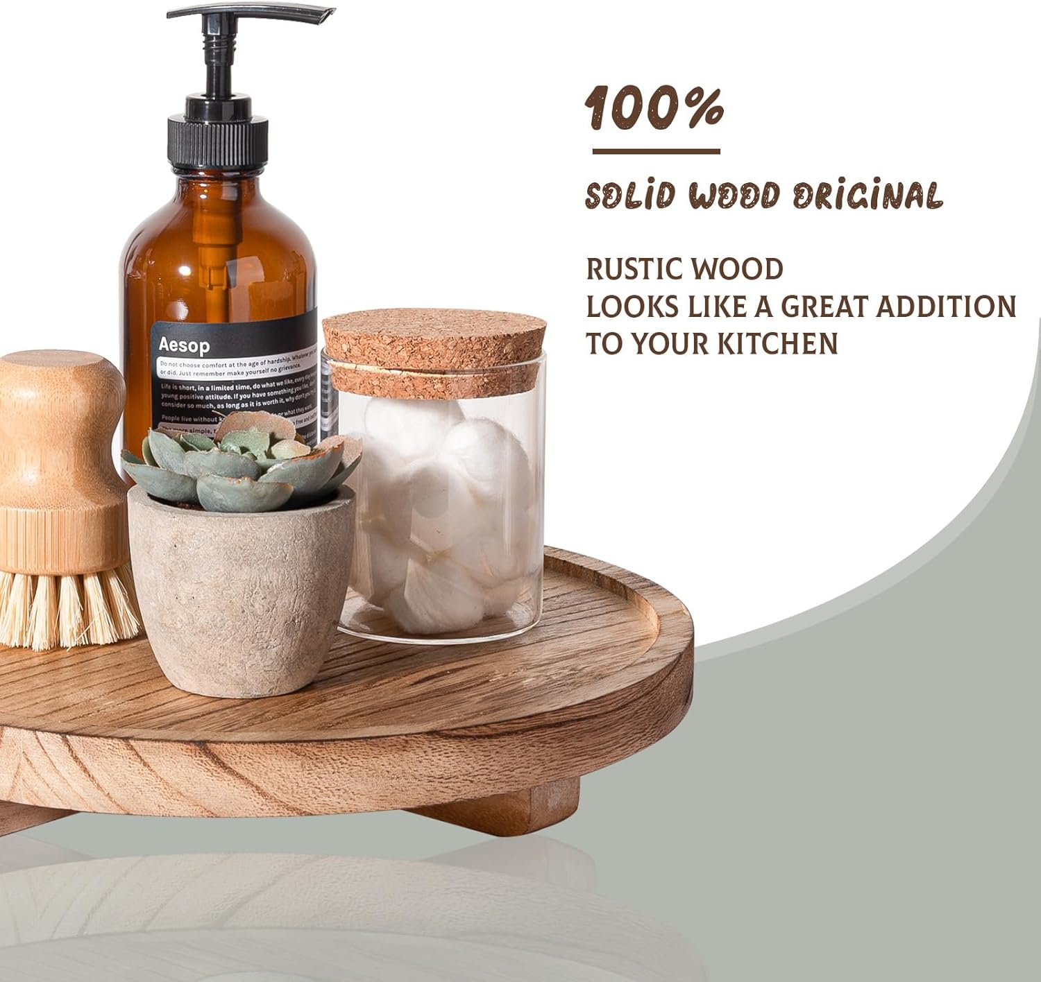 Round Decorative Tray Wood Bathroom Counter Organizer Farmhouse Kitchen Decor Wooden Riser for Soap Dish, Perfume, Candle, Sponge, 10" - Brown