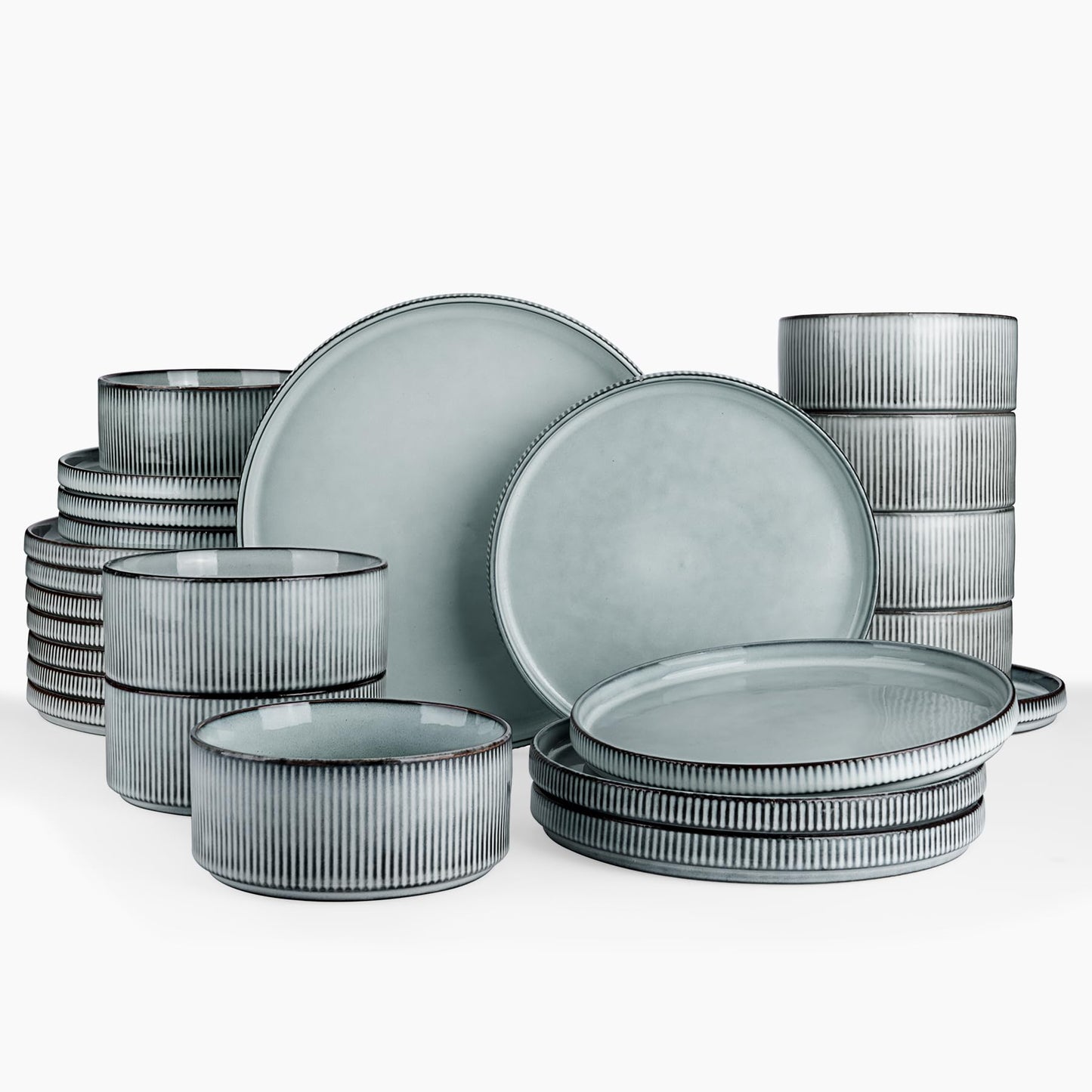 Famiware Star Dinnerware Sets, Plates and Bowls Set for 4, 12 Pieces Ribbed Dishes - Chip and Scratch Resistant, Microwave and Dishwasher Safe Tableware, Smoky Blue