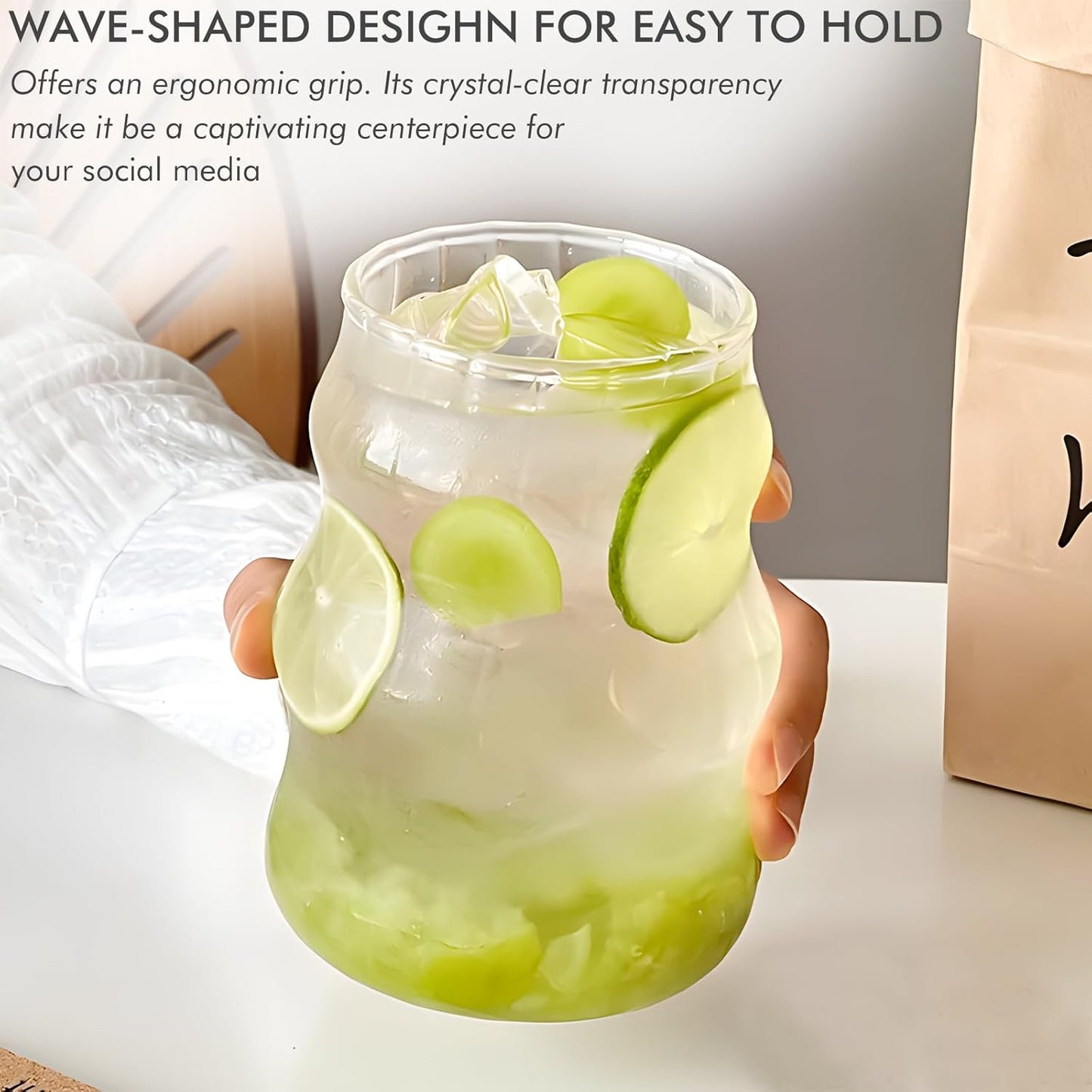Ribbed Glass Cups Set of 4: 18OZ Vintage Aesthetic Iced Coffee Glasses with Straws, Cute Drinking Glasses with Wave Shape Design, Matcha Glass Cup Bubble Cups for Juice, Tea, Beverage, Gift