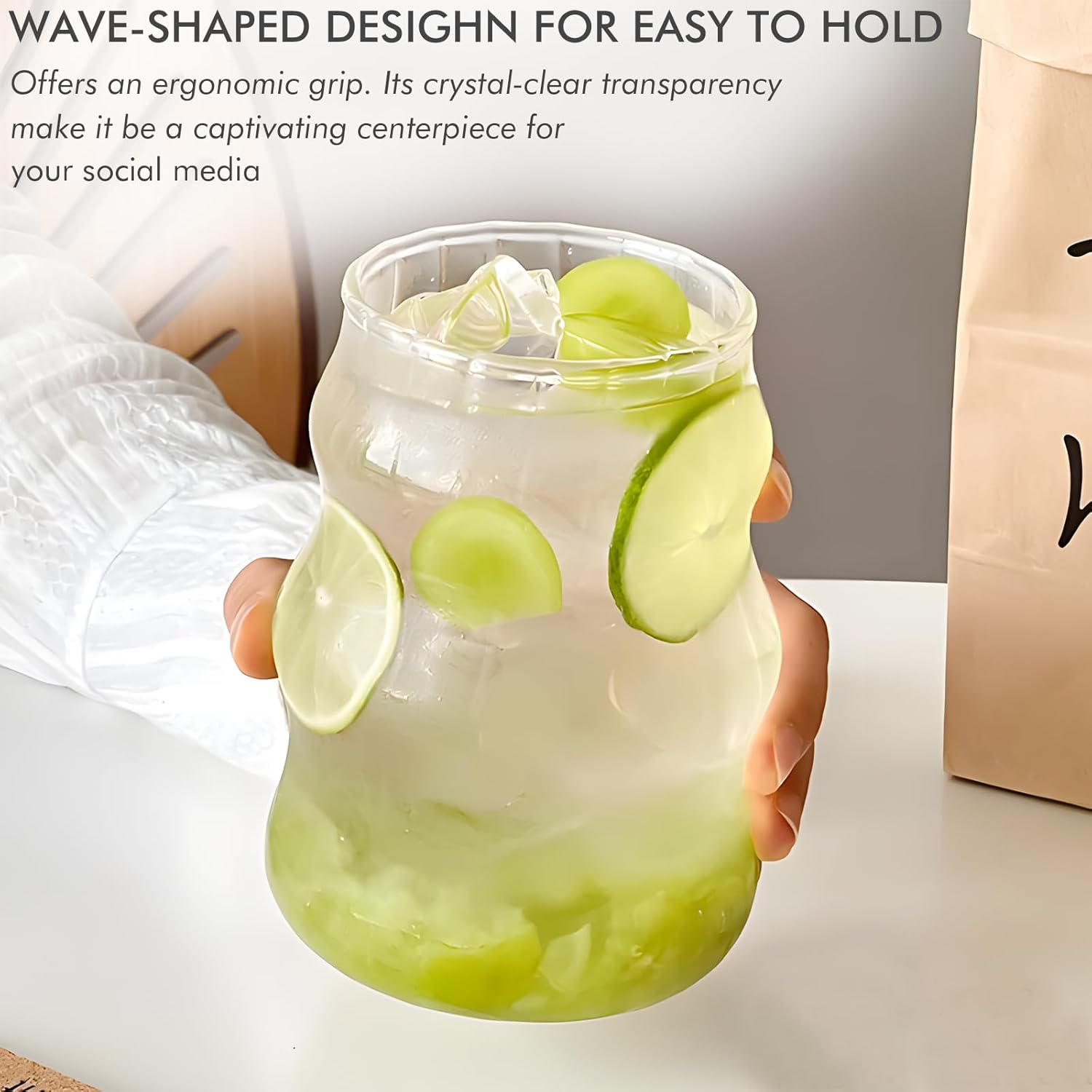 Ribbed Glass Cups Set of 4: 18OZ Vintage Aesthetic Iced Coffee Glasses with Straws, Cute Drinking Glasses with Wave Shape Design, Matcha Glass Cup Bubble Cups for Juice, Tea, Beverage, Gift