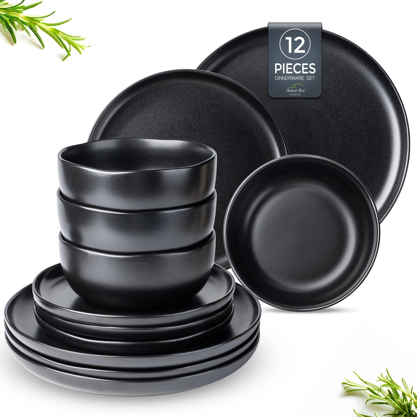 AmorArc Ceramic Dinnerware Sets, Wavy Rim Stoneware Plates and Bowls Sets, Highly Chip and Crack Resistant | Dishwasher & Microwave & Oven Safe Dishes set, Service for 4 (12pc)