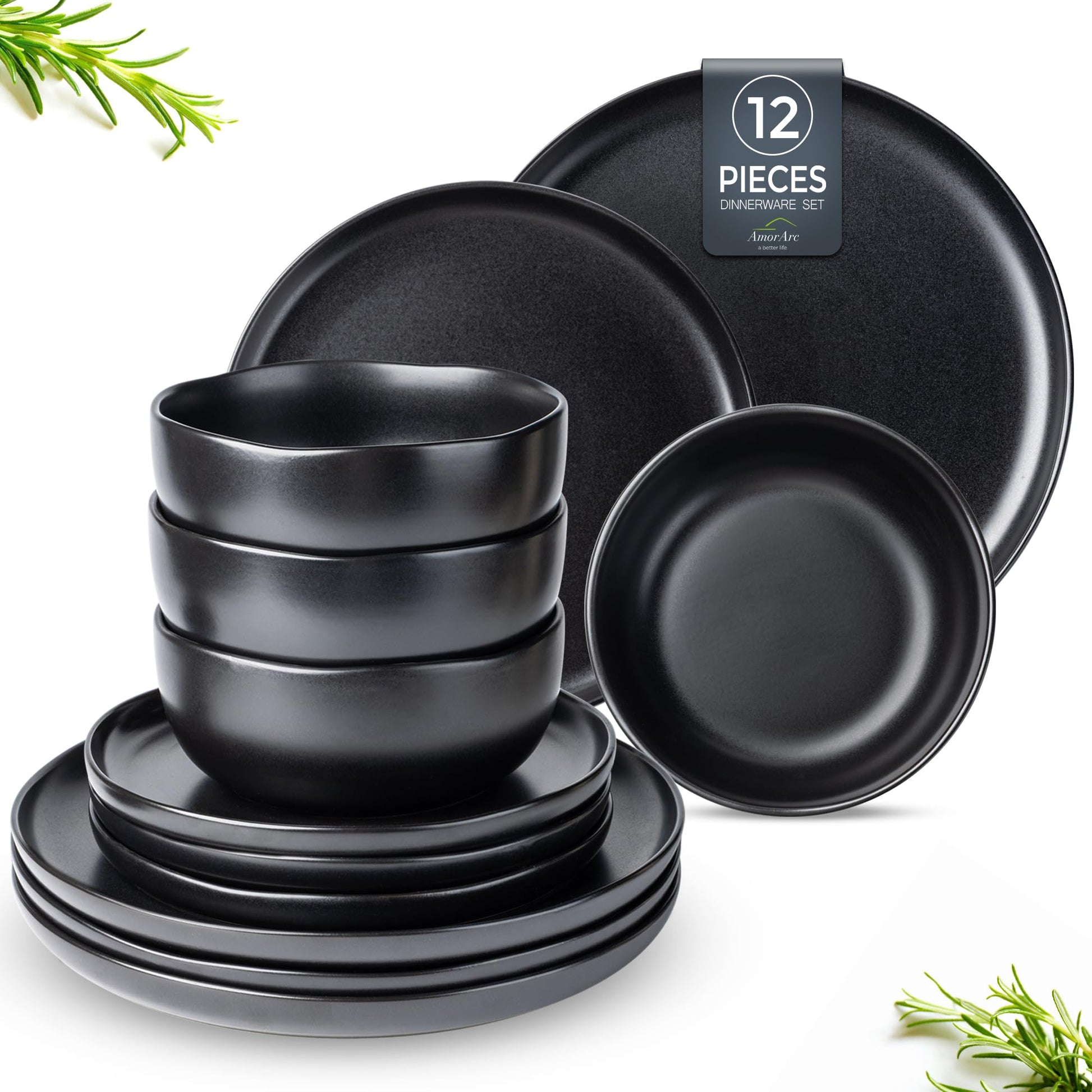 AmorArc Ceramic Dinnerware Sets, Wavy Rim Stoneware Plates and Bowls Sets, Highly Chip and Crack Resistant | Dishwasher & Microwave & Oven Safe Dishes set, Service for 4 (12pc)