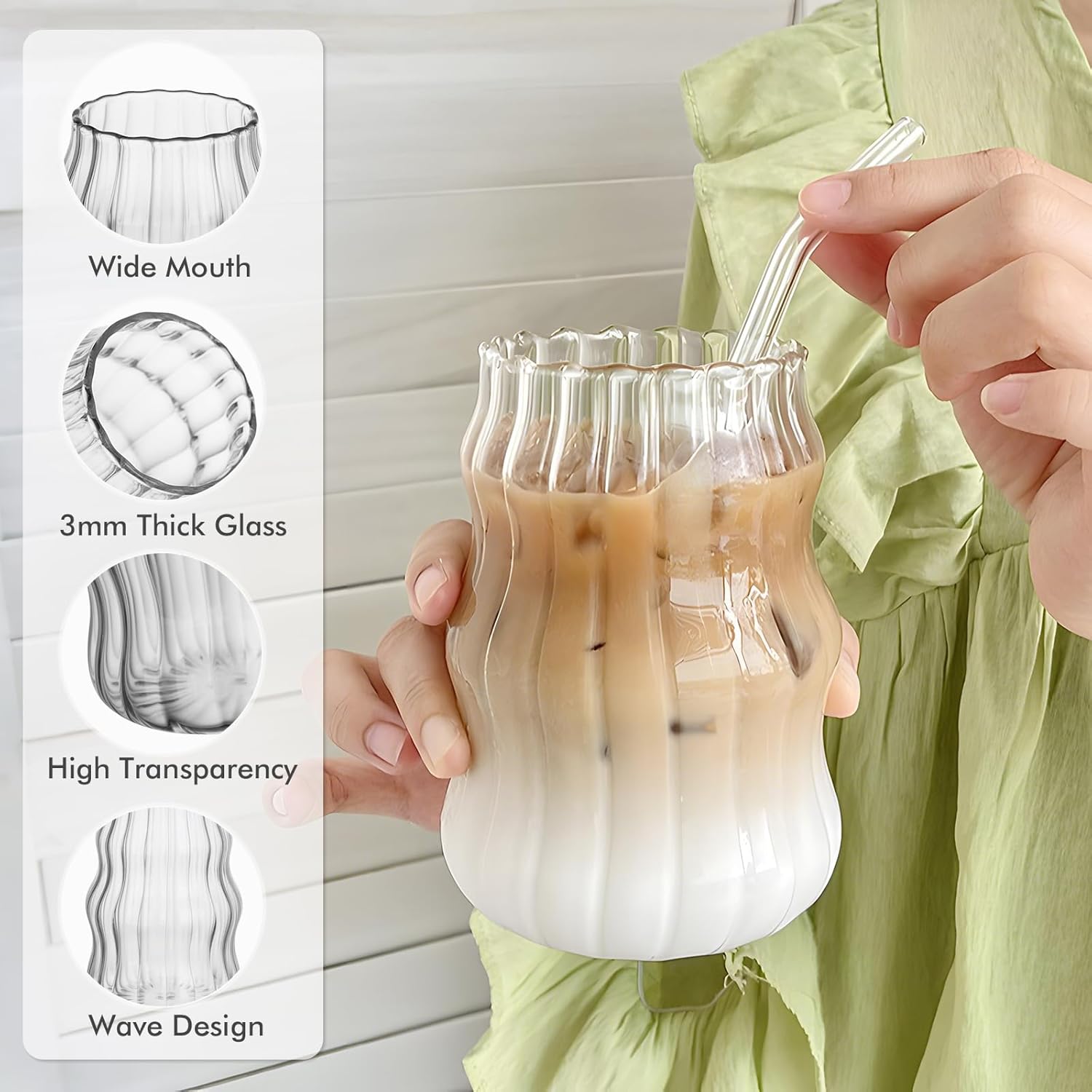 Ribbed Glass Cups Set of 4: 18OZ Vintage Aesthetic Iced Coffee Glasses with Straws, Cute Drinking Glasses with Wave Shape Design, Matcha Glass Cup Bubble Cups for Juice, Tea, Beverage, Gift