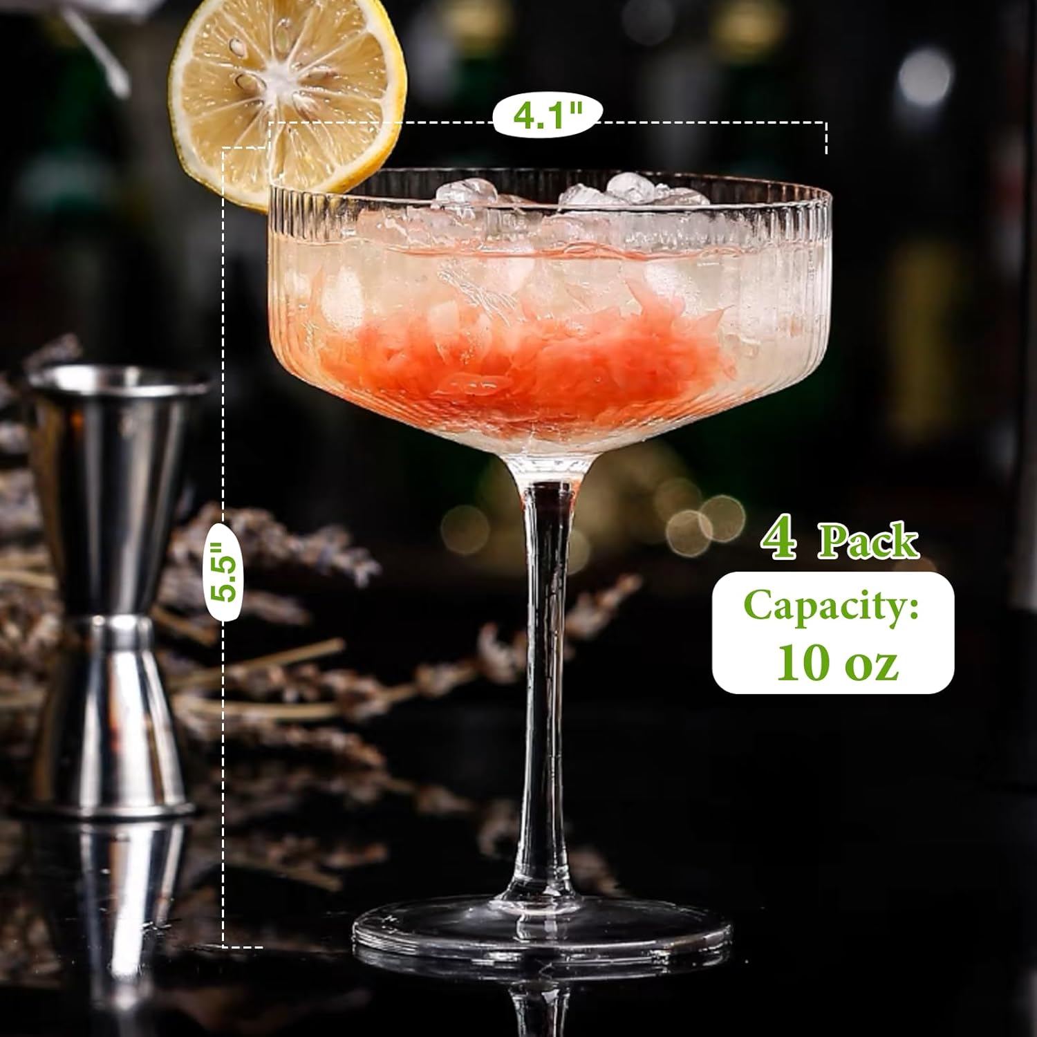 4 Pcs Ribbed Coupe Glasses, 10 oz Vintage Coupe Glass Set, Unique Martini Glass, Classic Cocktail Galssware, Bar Drinking Glasses Set Pefect for Cocktail, Wine, Champagne & Gift