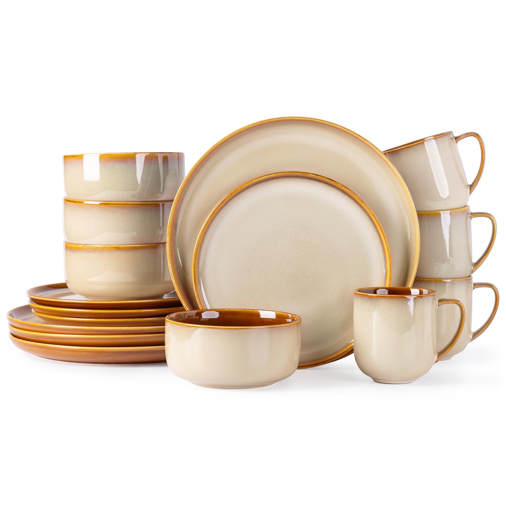 LeRatio Ceramic Dinnerware Sets for 4,12-Piece Plates and Bowls,Handmade Reactive Glaze Dishes Set,Chip Resistant and Scratch Resistant | Oven Dishwasher & Microwave Safe,Service for 4-Kahki