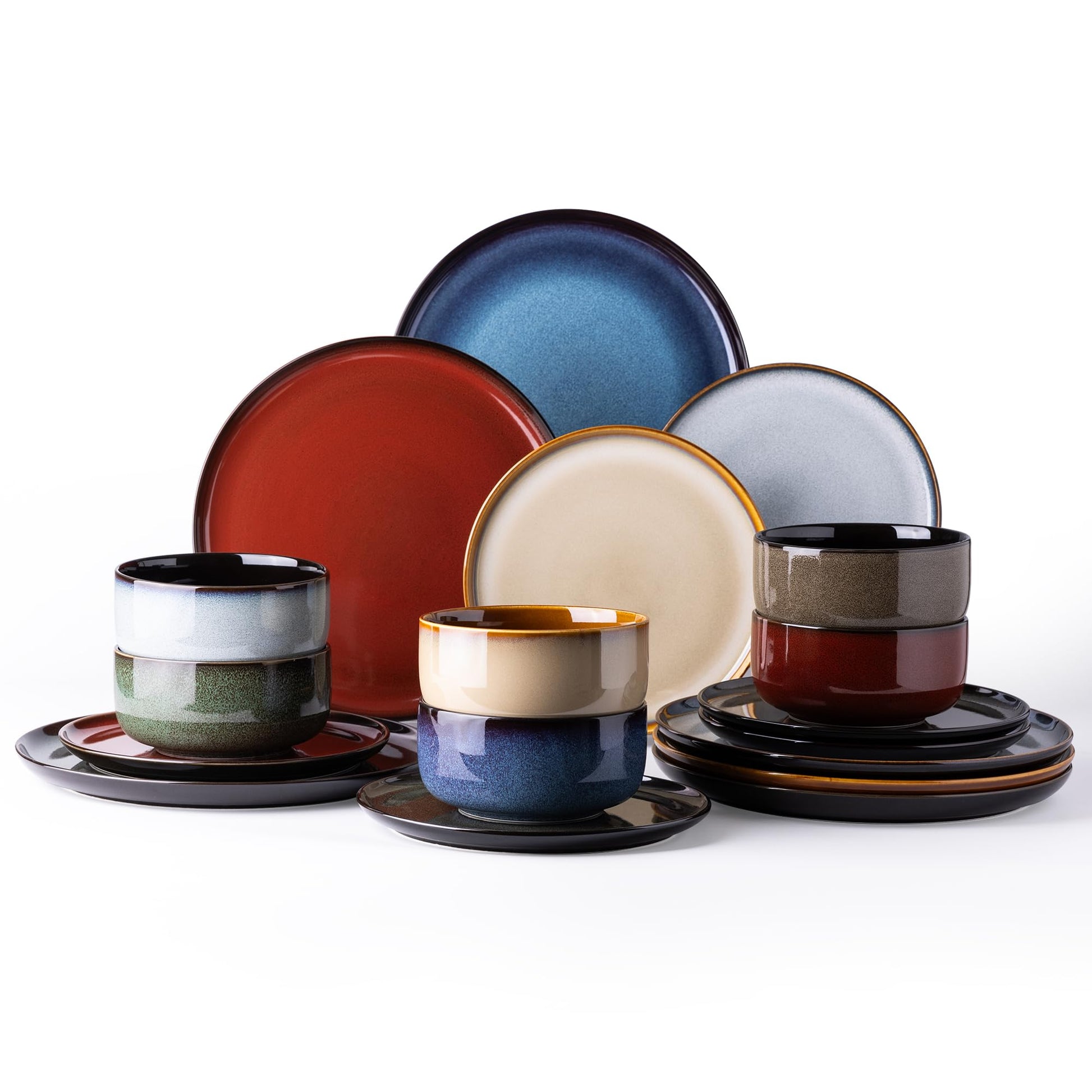 LeRatio Ceramic Dinnerware Sets for 4,12-Piece Plates and Bowls,Handmade Reactive Glaze Dishes Set,Chip Resistant and Scratch Resistant | Oven Dishwasher & Microwave Safe,Service for 4-Kahki