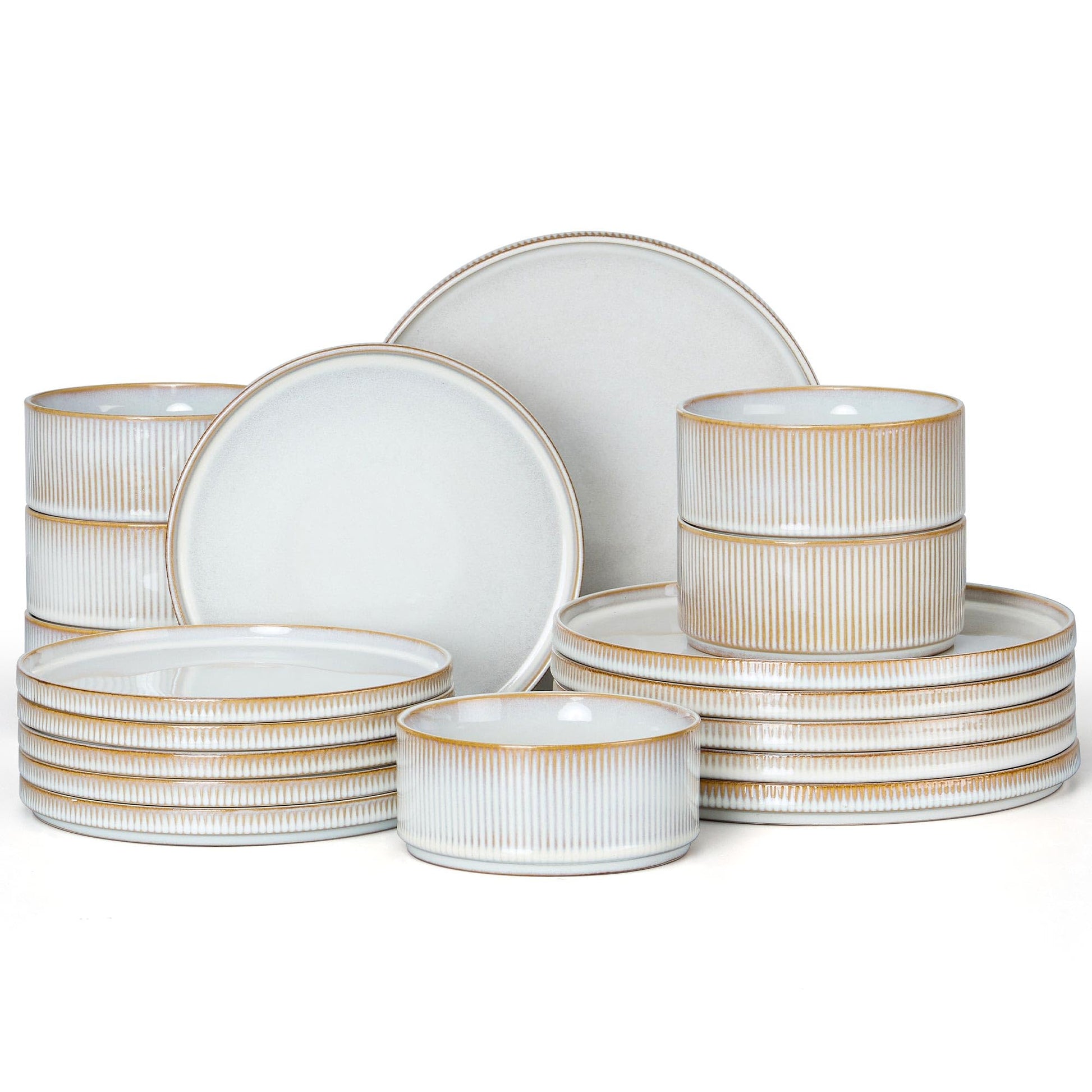 E-far 12-Piece Plates and Bowls Sets, Stoneware Dinnerware Dishes Sets for 4, Kitchen Modern Dining Dishware, Chip & Scratch Resistant, Microwave & Dishwasher Safe, Creamy Beige