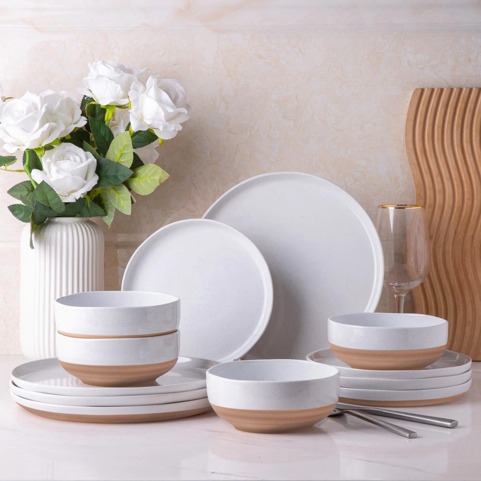 AmorArc Ceramic Dinnerware Sets for 4, 12 Pieces Handpainted Plates and Bowls Set with Rustic Terracotta Underside, Scratch Resistant Stoneware Dishes Set, Dishwasher & Microwave Safe, Gray