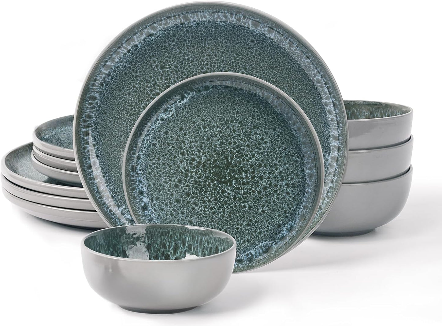 CQN&ZXD Ceramic Dinnerware Sets for 4, 12 Pieces, Handcrafted Stoneware Plates and Bowls Sets with Flowing Glaze, Microwave & Dishwasher Safe Dishes Sets, Modern Style, Elegant Grey & Wave Blue