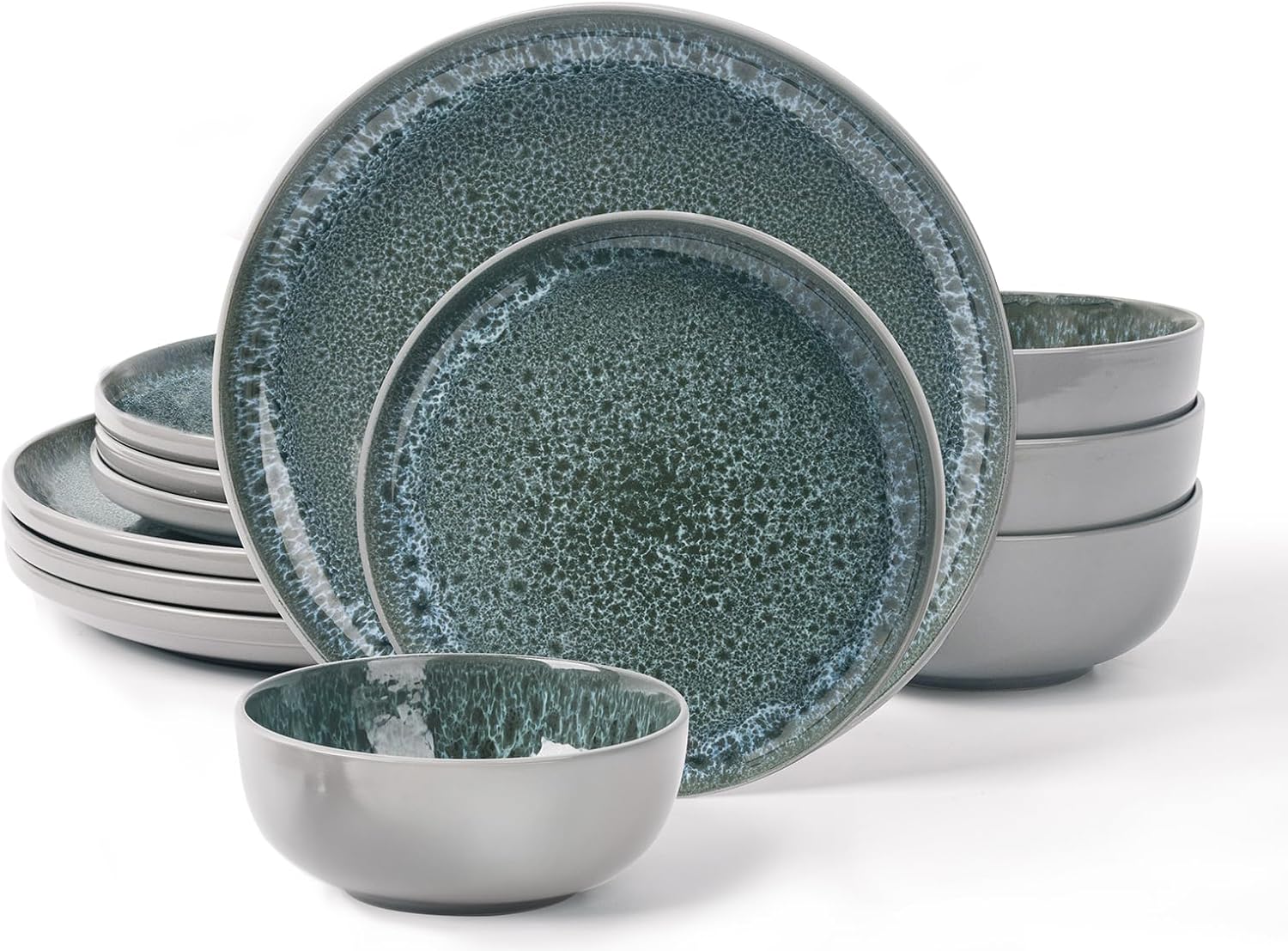 CQN&ZXD Ceramic Dinnerware Sets for 4, 12 Pieces, Handcrafted Stoneware Plates and Bowls Sets with Flowing Glaze, Microwave & Dishwasher Safe Dishes Sets, Modern Style, Elegant Grey & Wave Blue