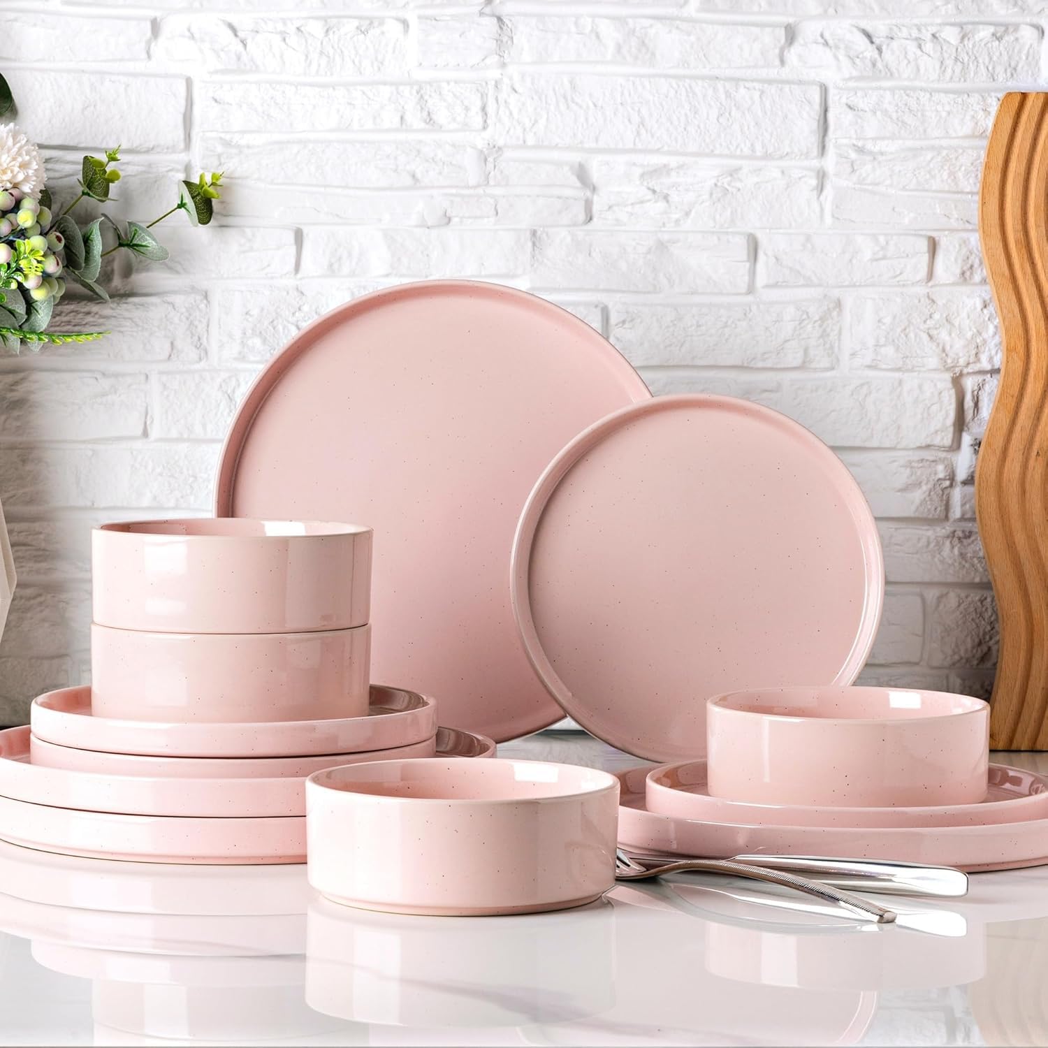 GBHOME Dinnerware Set for 4, 12 Piece Speckled Plates and Bowls Set with Glazed Bottom, Chip & Scratch Resistant Stoneware Plates Sets, Dishwasher & Microwave Safe Dishes (Light Beige, Service for 4)