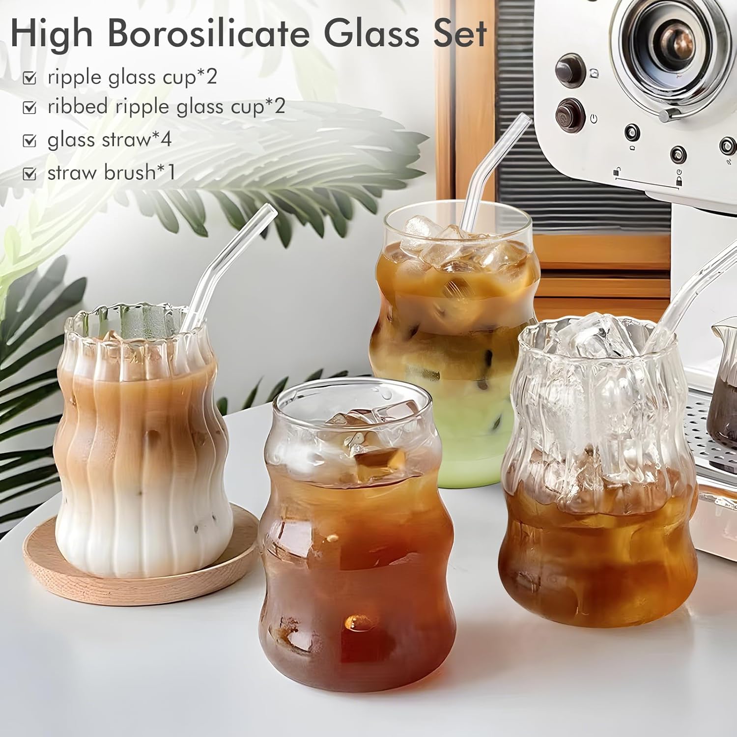 Ribbed Glass Cups Set of 4: 18OZ Vintage Aesthetic Iced Coffee Glasses with Straws, Cute Drinking Glasses with Wave Shape Design, Matcha Glass Cup Bubble Cups for Juice, Tea, Beverage, Gift