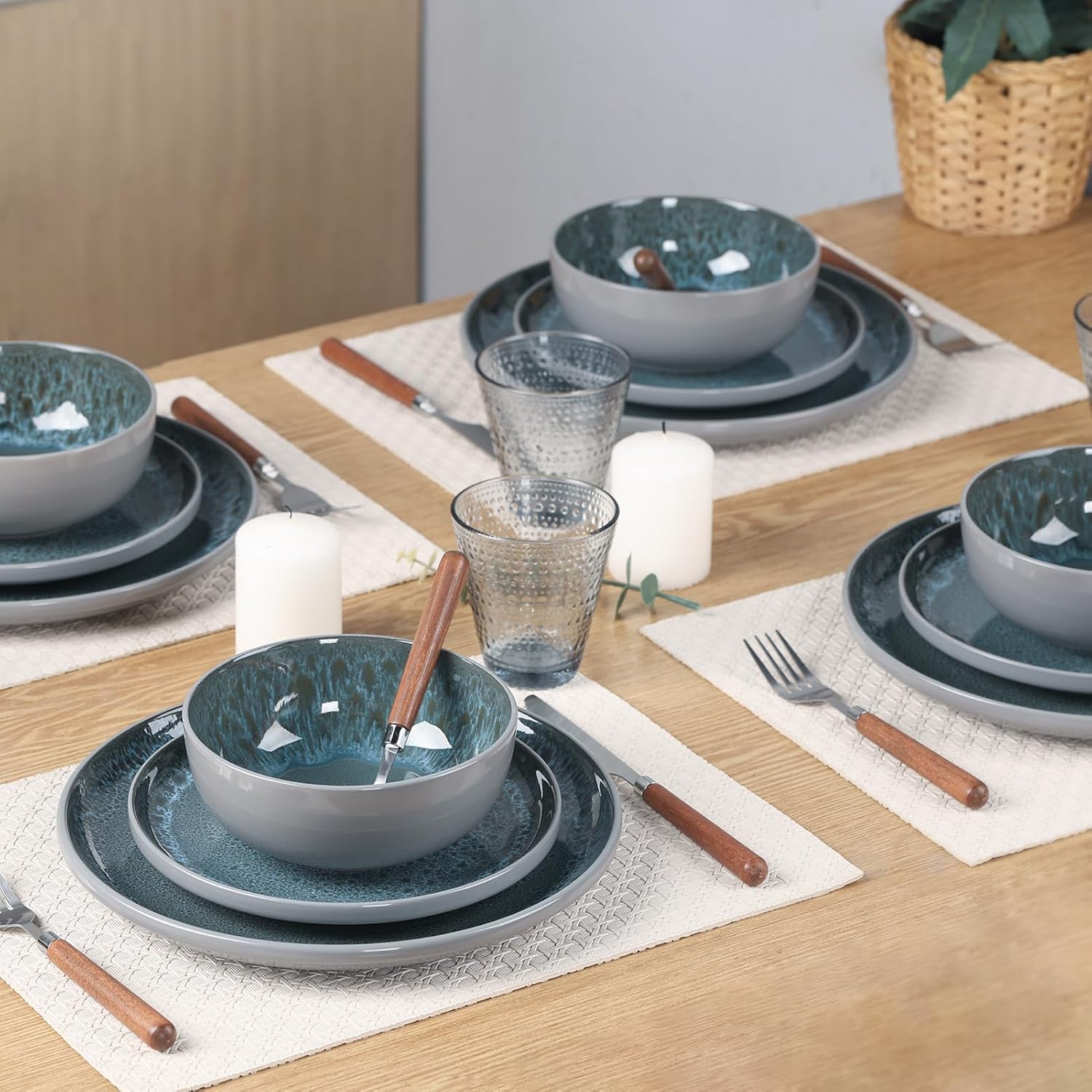 CQN&ZXD Ceramic Dinnerware Sets for 4, 12 Pieces, Handcrafted Stoneware Plates and Bowls Sets with Flowing Glaze, Microwave & Dishwasher Safe Dishes Sets, Modern Style, Elegant Grey & Wave Blue