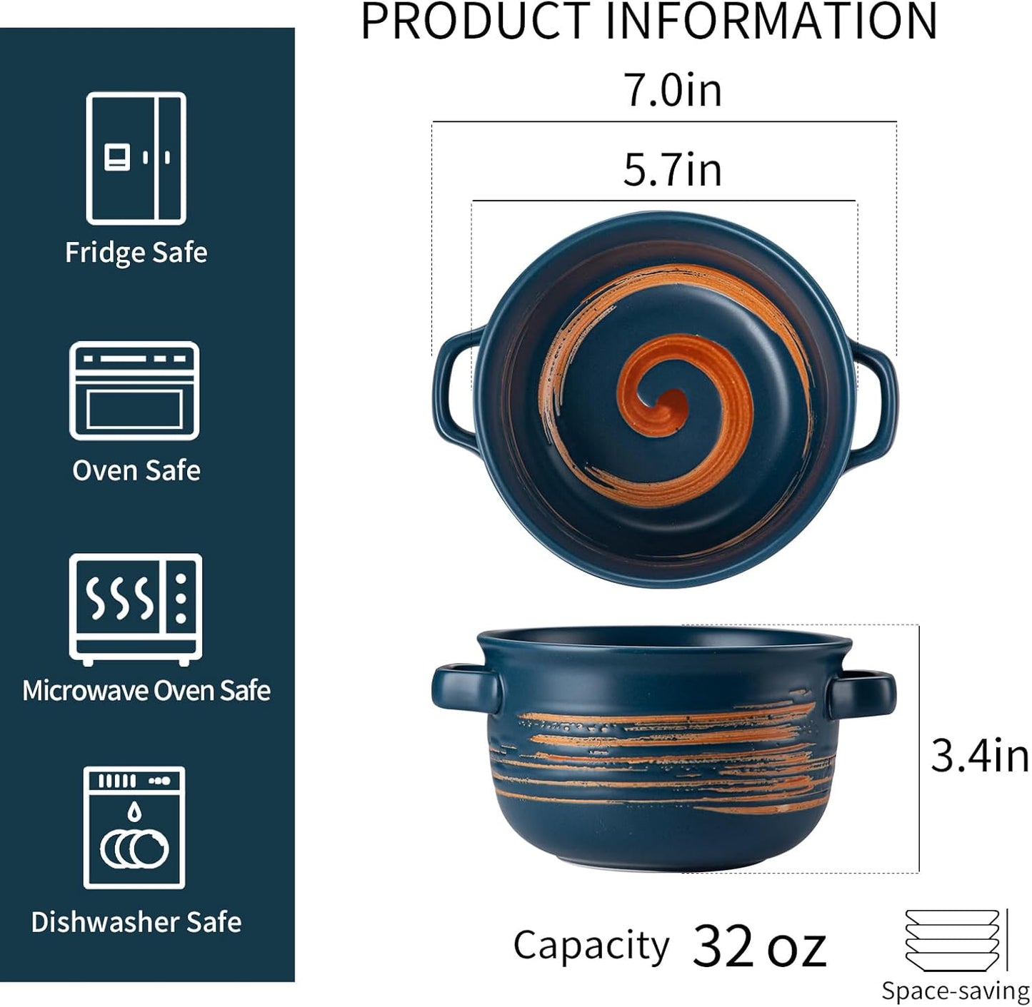 YUN TAO French Onion Soup Bowls with Handles, Ceramic Soup Serving Bowl Crocks 32 Ounces for Cereal,Ramen,Chilli, Beef Stew, Pot Pies, Oven Safe, Set of 4