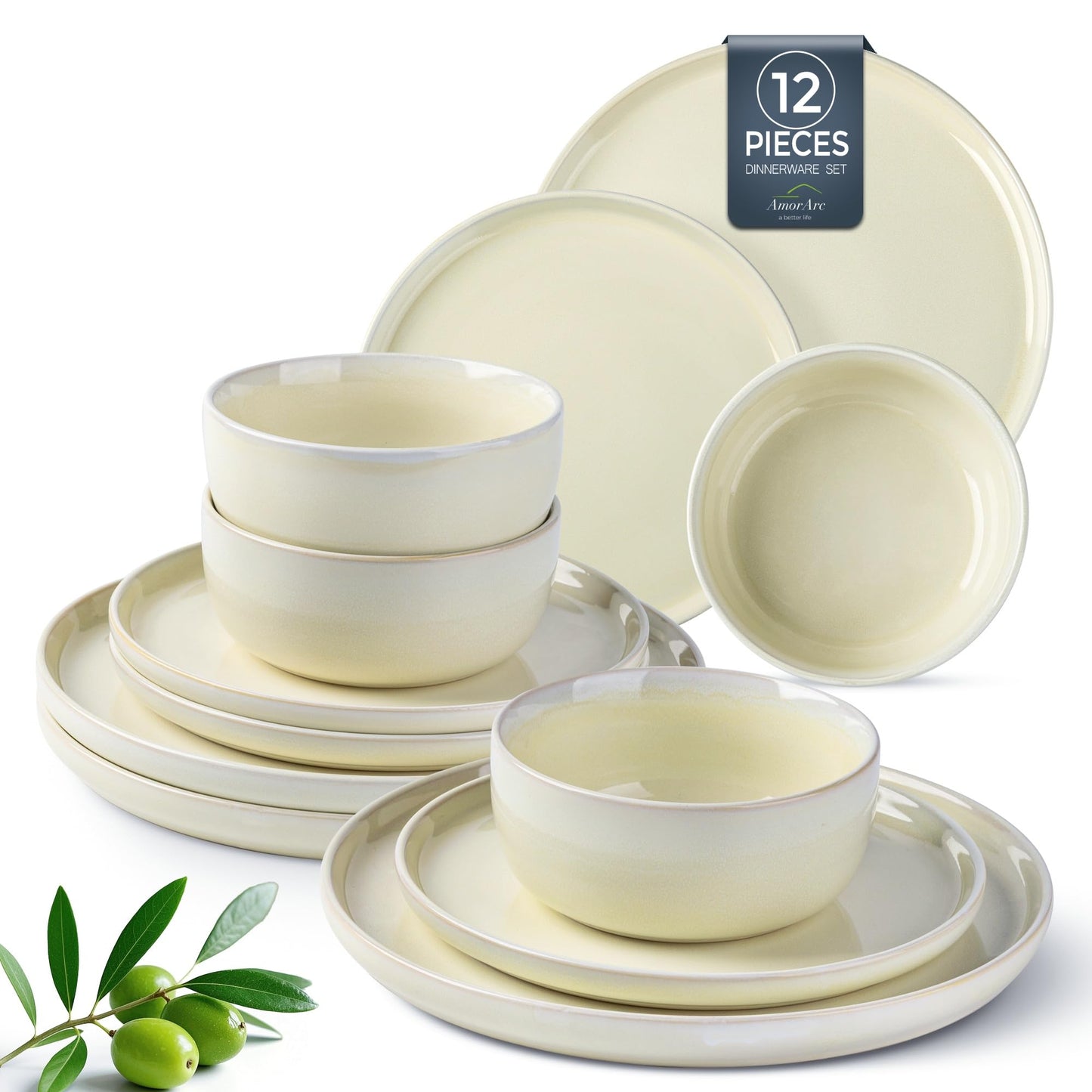 AmorArc Stoneware Dinnerware Sets,Round Reactive Glaze Ceramic Plates and Bowls Set,Highly Chip and Crack Resistant | Dishwasher & Microwave Safe Dishes,Service for 4 (12pc)