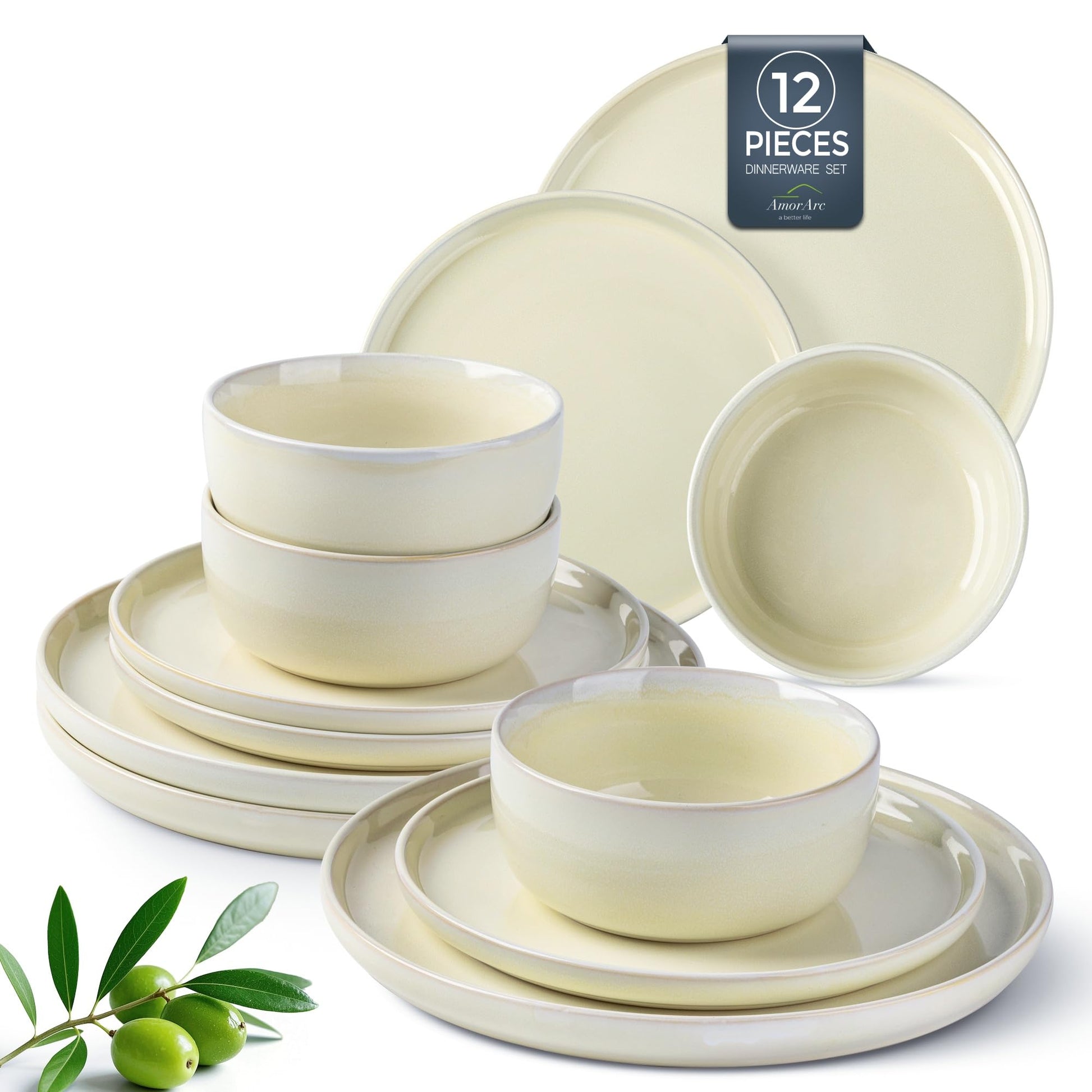 AmorArc Stoneware Dinnerware Sets,Round Reactive Glaze Ceramic Plates and Bowls Set,Highly Chip and Crack Resistant | Dishwasher & Microwave Safe Dishes,Service for 4 (12pc)