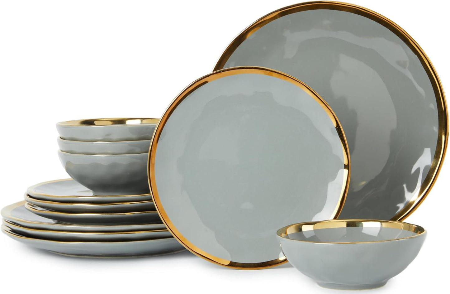 Porcelain Luxury Dinnerware Sets, Modern Plates and Bowls Sets for 4, Highly Chip and Crack Resistant, Grey and Gold Rim China Dishes Set for Wedding Anniversary