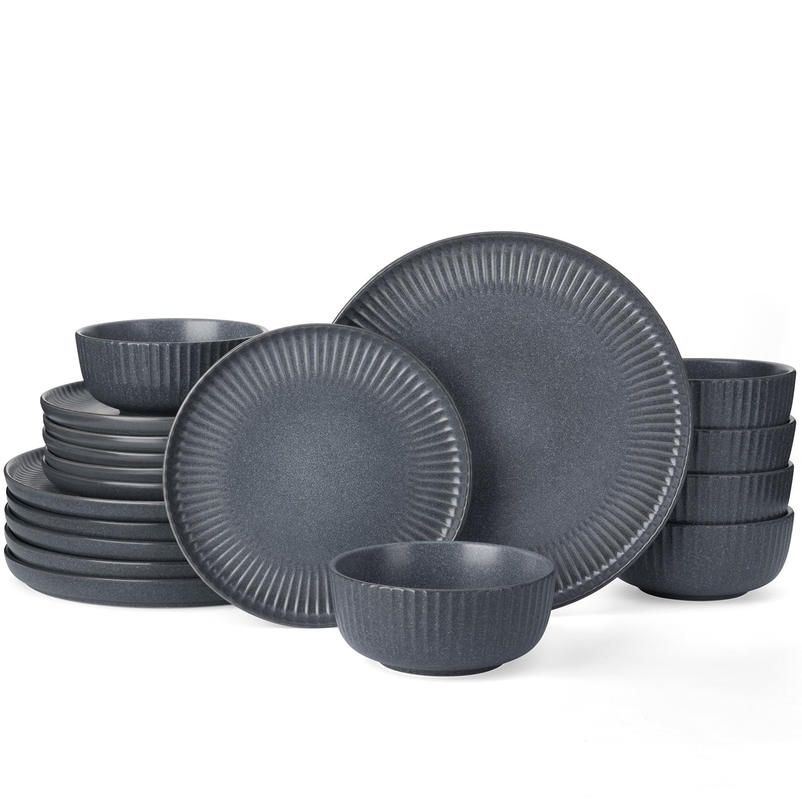 Famiware Star Dinnerware Sets, Plates and Bowls Set for 4, 12 Pieces Ribbed Dishes - Chip and Scratch Resistant, Microwave and Dishwasher Safe Tableware, Smoky Blue