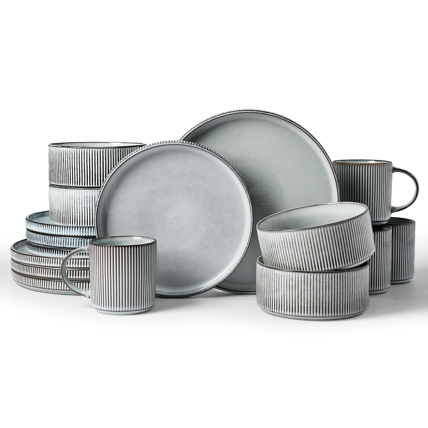 Famiware Star Dinnerware Sets, Plates and Bowls Set for 4, 12 Pieces Ribbed Dishes - Chip and Scratch Resistant, Microwave and Dishwasher Safe Tableware, Smoky Blue