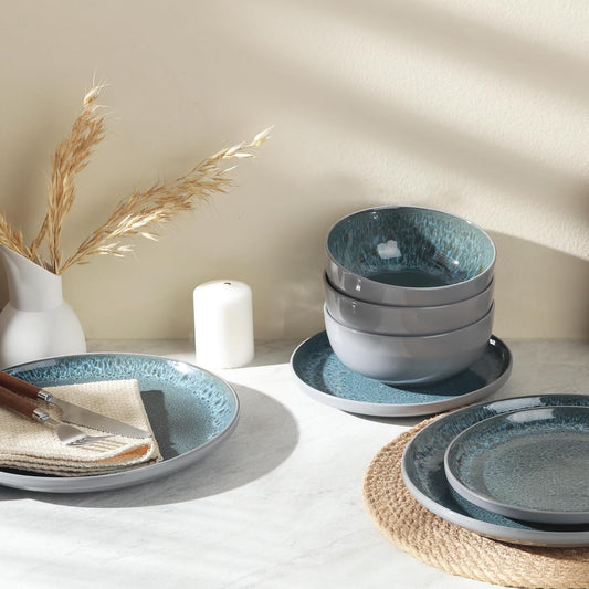 CQN&ZXD Ceramic Dinnerware Sets for 4, 12 Pieces, Handcrafted Stoneware Plates and Bowls Sets with Flowing Glaze, Microwave & Dishwasher Safe Dishes Sets, Modern Style, Elegant Grey & Wave Blue