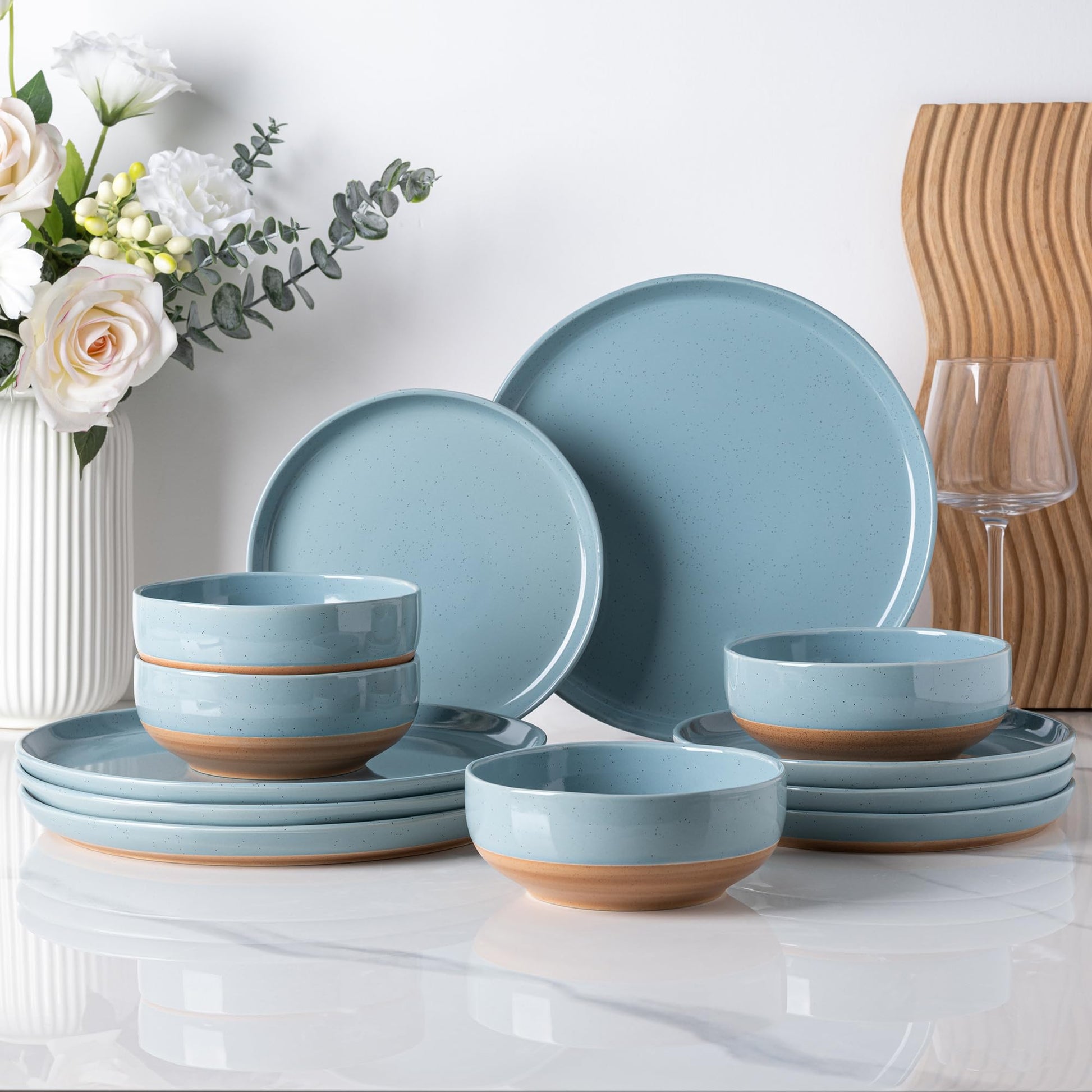 AmorArc Ceramic Dinnerware Sets for 4, 12 Pieces Handpainted Plates and Bowls Set with Rustic Terracotta Underside, Scratch Resistant Stoneware Dishes Set, Dishwasher & Microwave Safe, Gray