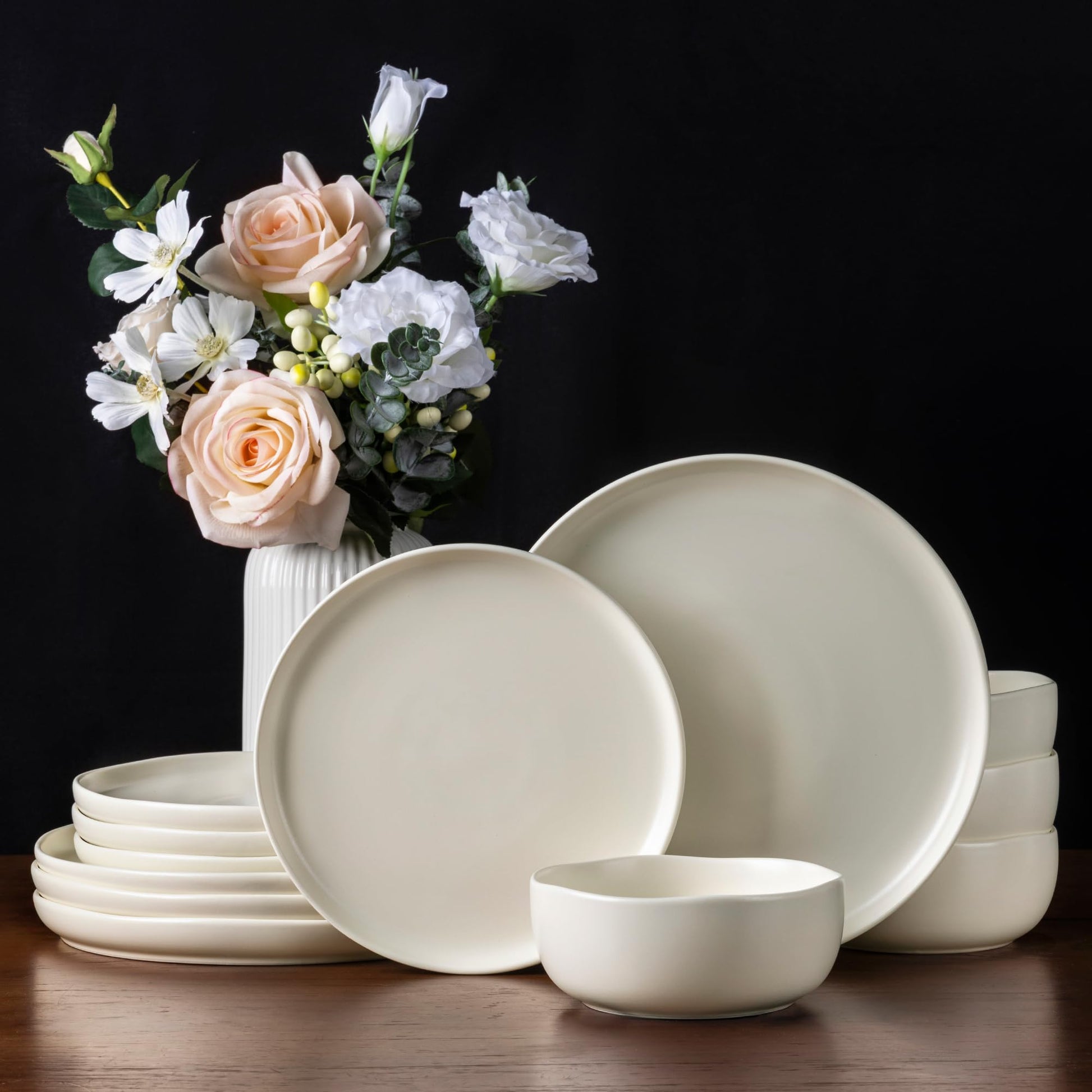 AmorArc Ceramic Dinnerware Sets, Wavy Rim Stoneware Plates and Bowls Sets, Highly Chip and Crack Resistant | Dishwasher & Microwave & Oven Safe Dishes set, Service for 4 (12pc)