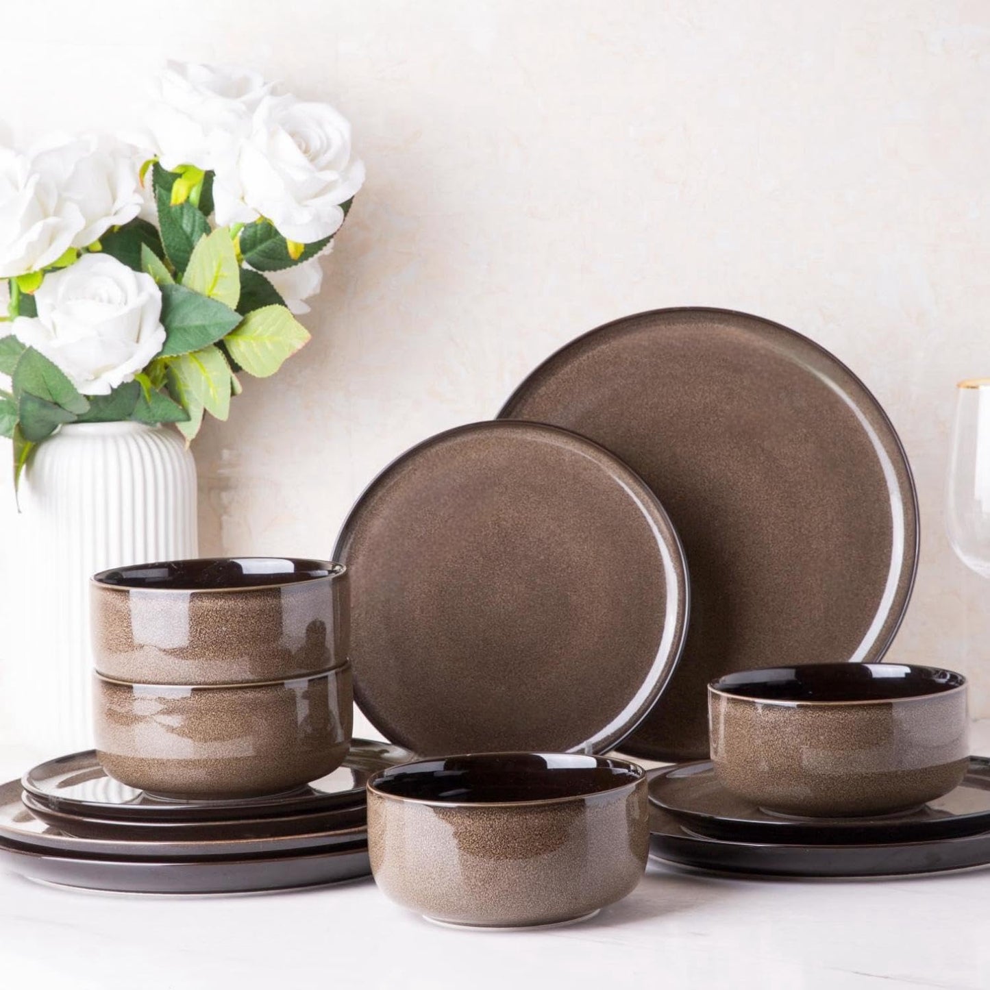 LeRatio Ceramic Dinnerware Sets for 4,12-Piece Plates and Bowls,Handmade Reactive Glaze Dishes Set,Chip Resistant and Scratch Resistant | Oven Dishwasher & Microwave Safe,Service for 4-Kahki