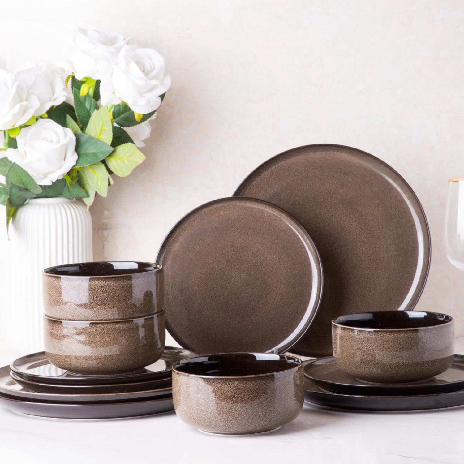 LeRatio Ceramic Dinnerware Sets for 4,12-Piece Plates and Bowls,Handmade Reactive Glaze Dishes Set,Chip Resistant and Scratch Resistant | Oven Dishwasher & Microwave Safe,Service for 4-Kahki