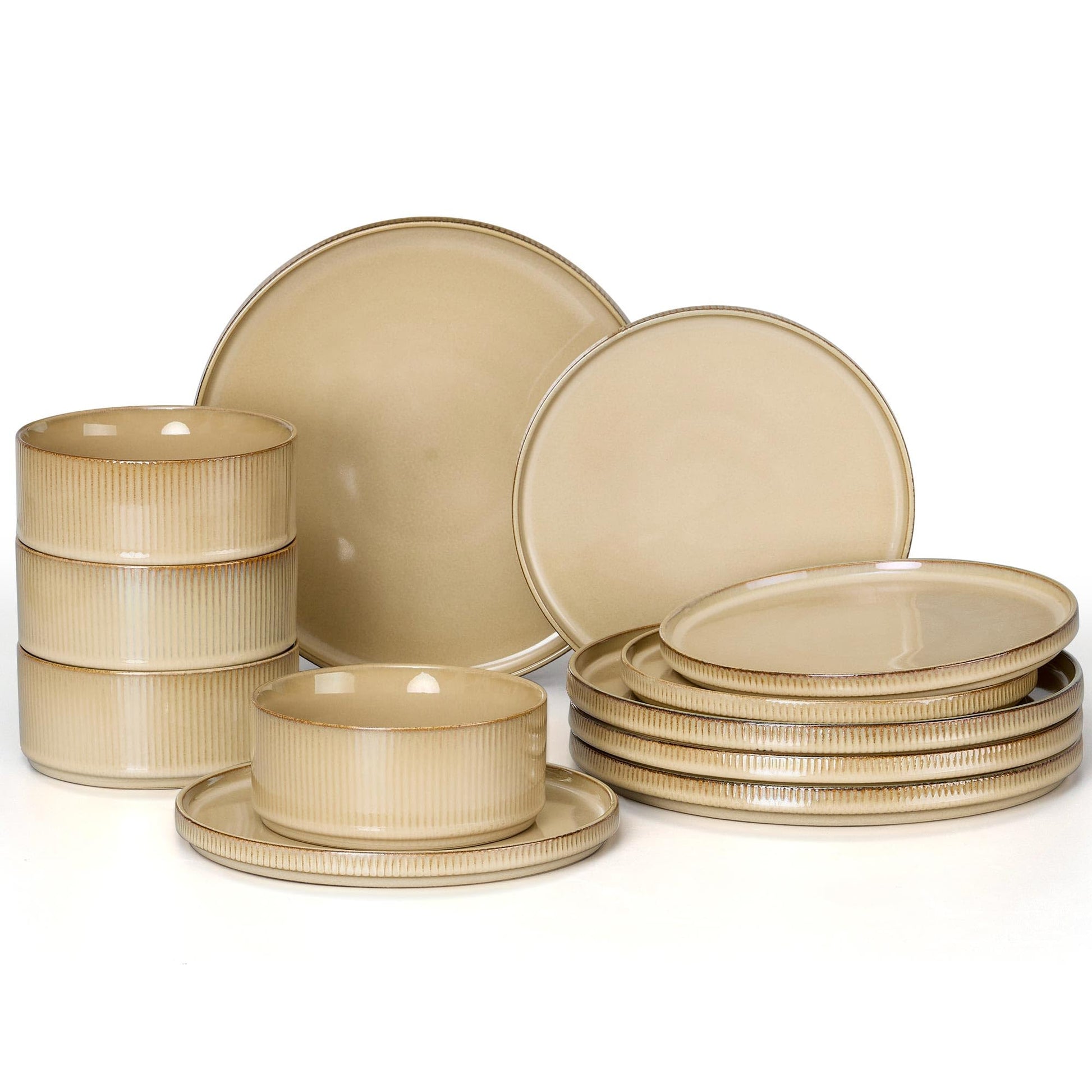 E-far 12-Piece Plates and Bowls Sets, Stoneware Dinnerware Dishes Sets for 4, Kitchen Modern Dining Dishware, Chip & Scratch Resistant, Microwave & Dishwasher Safe, Creamy Beige