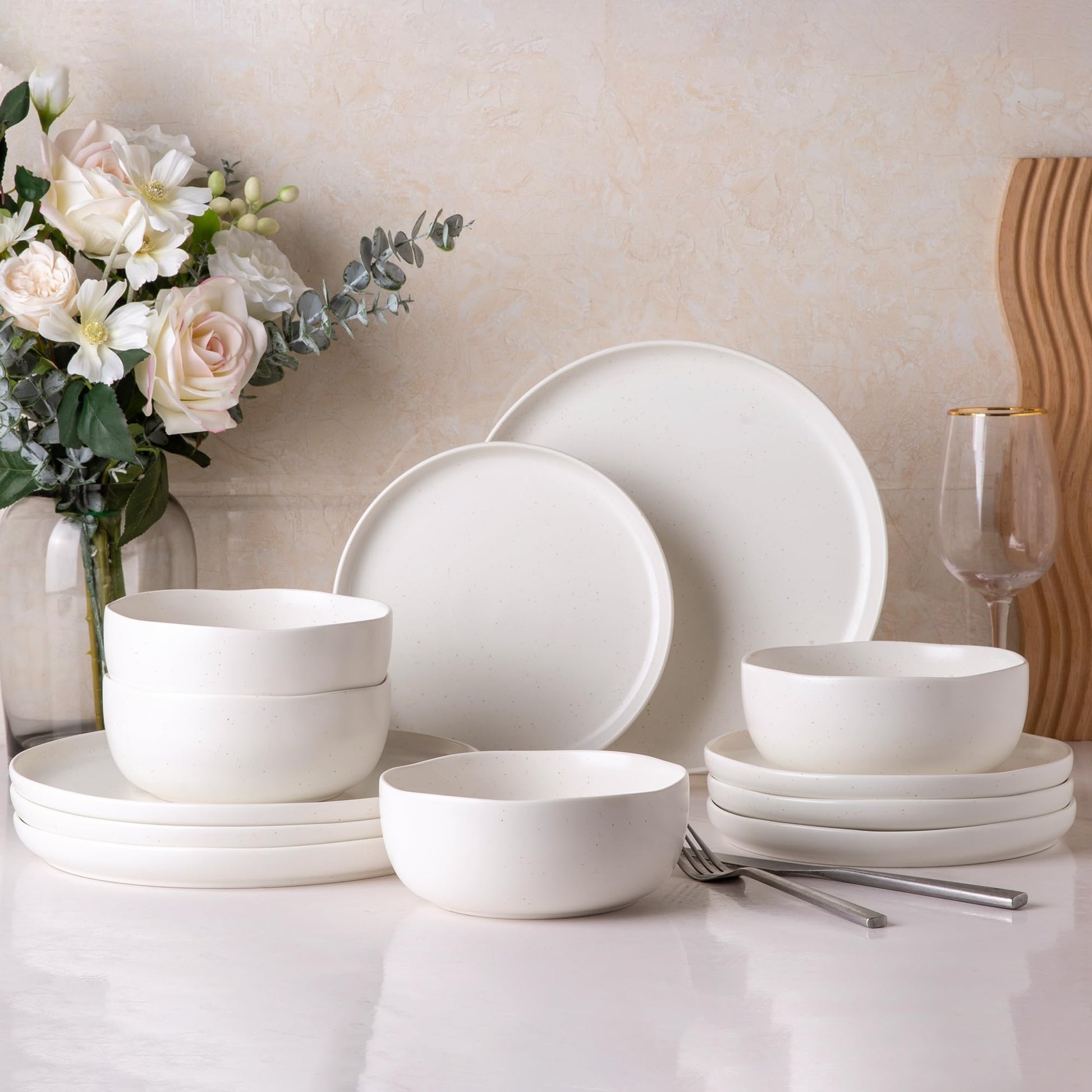 AmorArc Ceramic Dinnerware Sets, Wavy Rim Stoneware Plates and Bowls Sets, Highly Chip and Crack Resistant | Dishwasher & Microwave & Oven Safe Dishes set, Service for 4 (12pc)