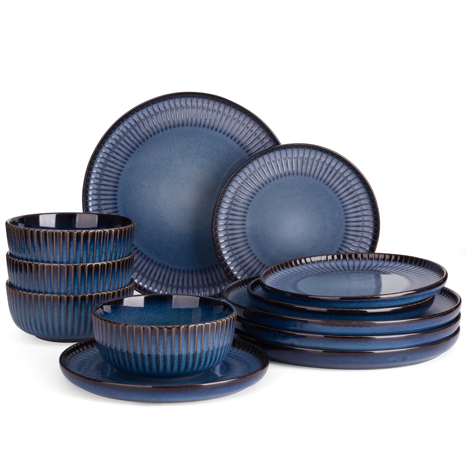 Famiware Star Dinnerware Sets, Plates and Bowls Set for 4, 12 Pieces Ribbed Dishes - Chip and Scratch Resistant, Microwave and Dishwasher Safe Tableware, Smoky Blue