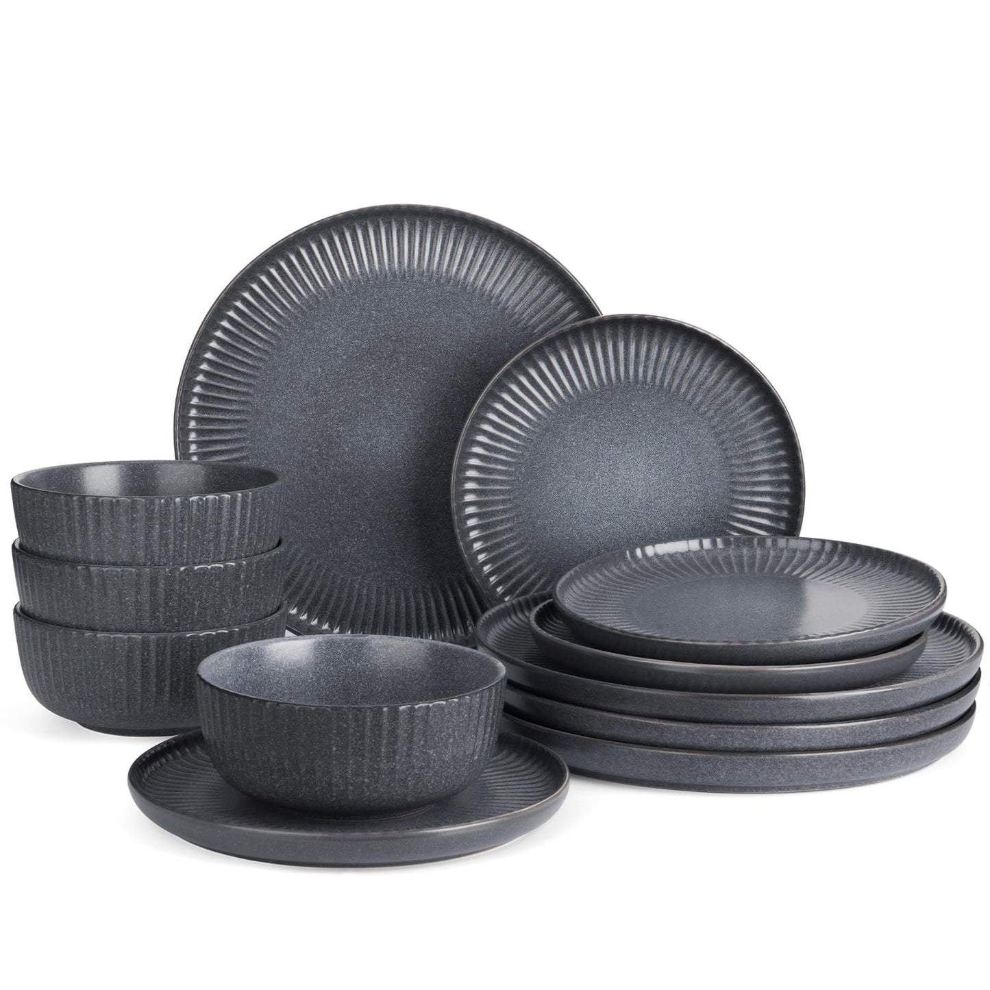 Famiware Star Dinnerware Sets, Plates and Bowls Set for 4, 12 Pieces Ribbed Dishes - Chip and Scratch Resistant, Microwave and Dishwasher Safe Tableware, Smoky Blue