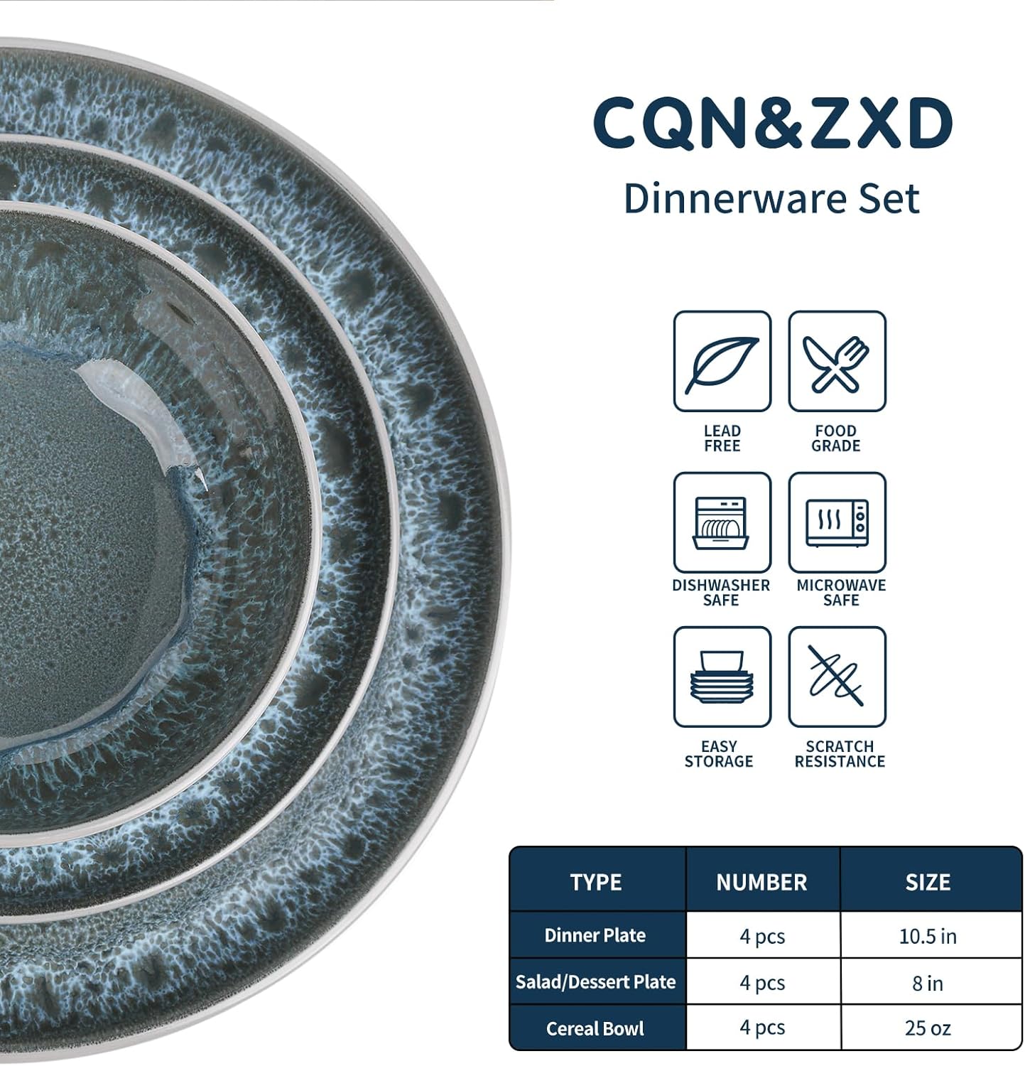 CQN&ZXD Ceramic Dinnerware Sets for 4, 12 Pieces, Handcrafted Stoneware Plates and Bowls Sets with Flowing Glaze, Microwave & Dishwasher Safe Dishes Sets, Modern Style, Elegant Grey & Wave Blue