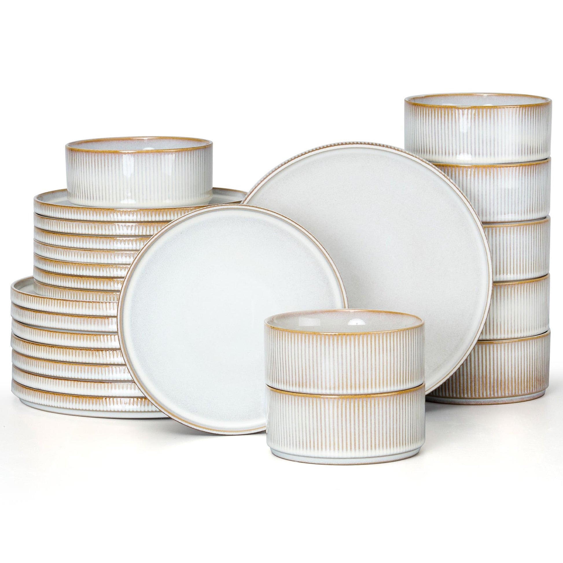 E-far 12-Piece Plates and Bowls Sets, Stoneware Dinnerware Dishes Sets for 4, Kitchen Modern Dining Dishware, Chip & Scratch Resistant, Microwave & Dishwasher Safe, Creamy Beige