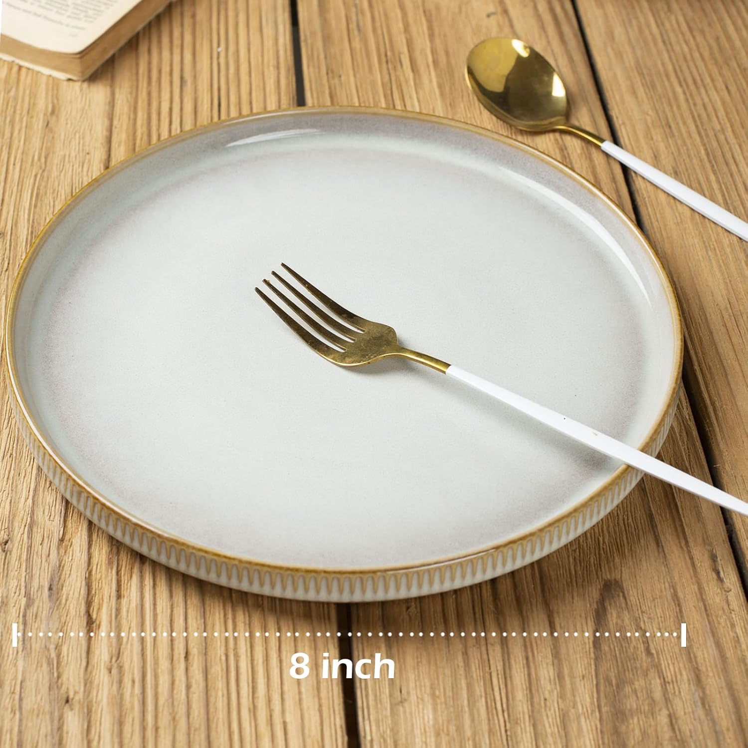 famiware Star Salad Plates for 6, 8 inches Plate Set, Stoneware Dinnerware, Small Dinner Plates for Dessert, Salad, Appetizer, Cappuccino White