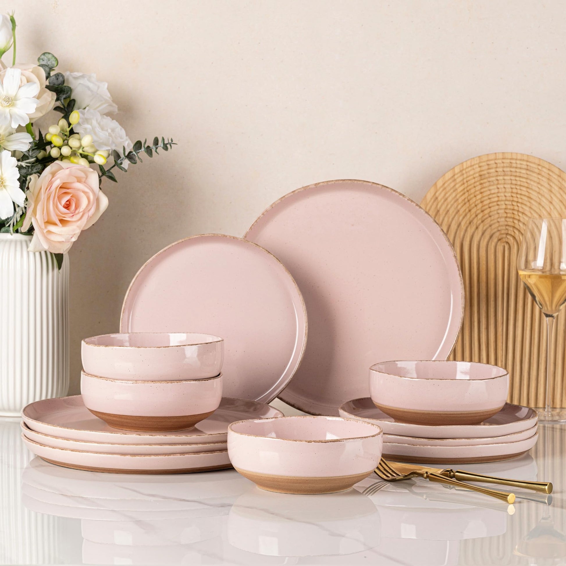 AmorArc Ceramic Dinnerware Sets for 4, 12 Pieces Handpainted Plates and Bowls Set with Rustic Terracotta Underside, Scratch Resistant Stoneware Dishes Set, Dishwasher & Microwave Safe, Gray
